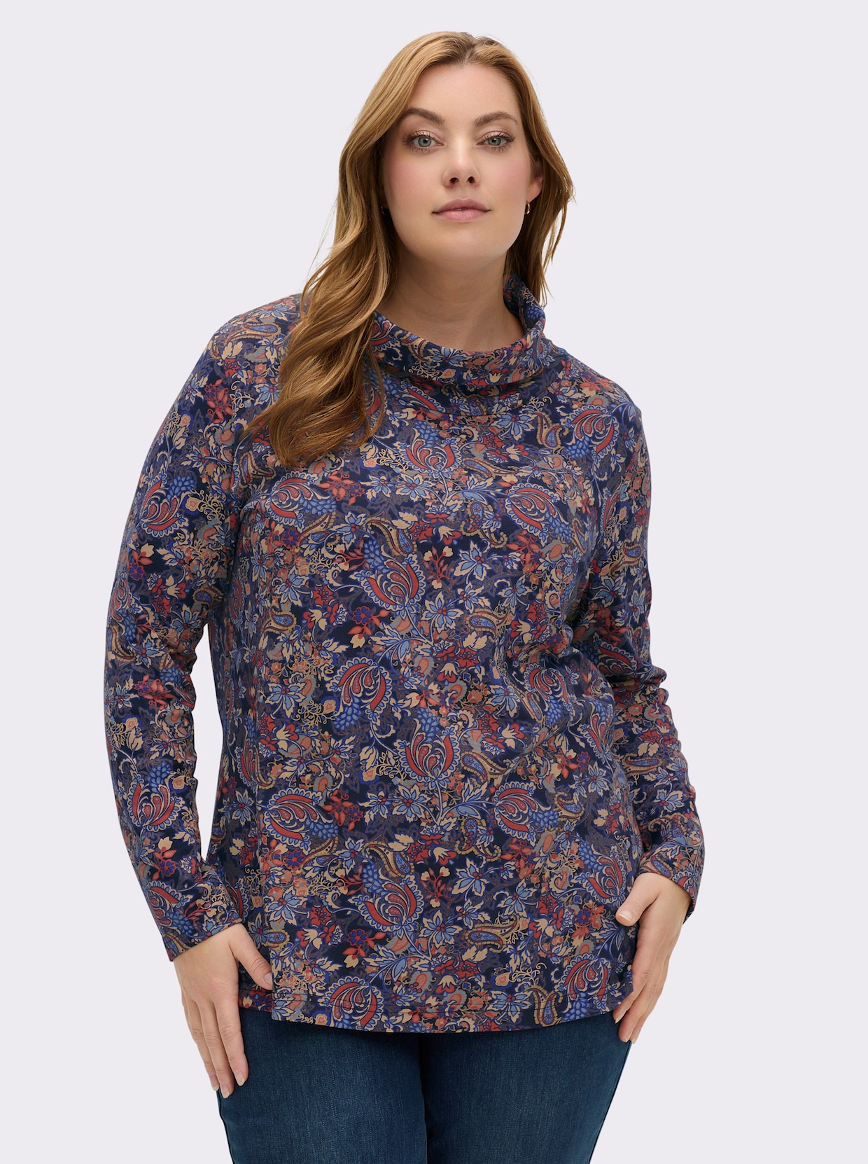 Rollkragenshirt im floralen Druckmuster - marine-terra-bedruckt