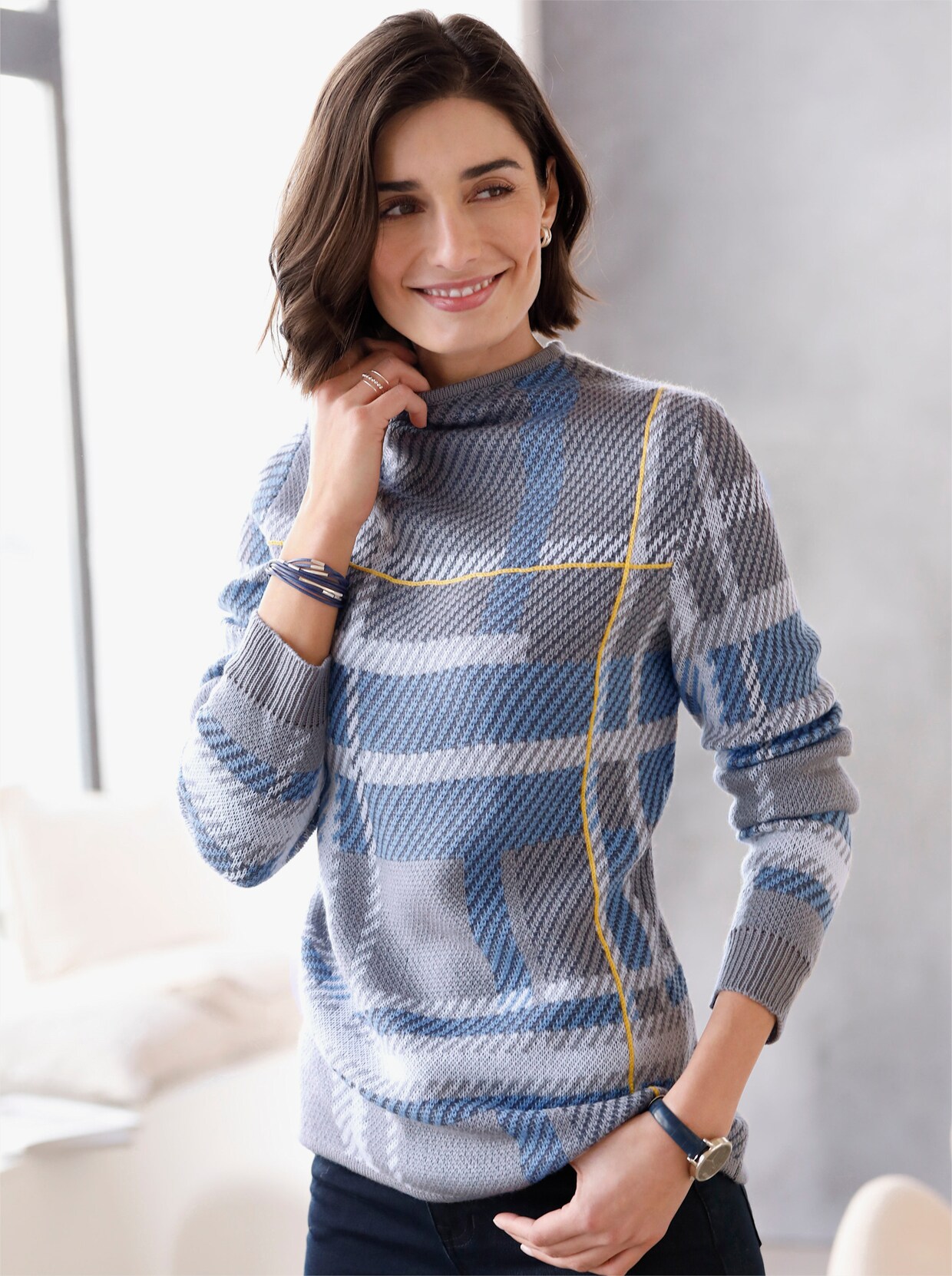 Jacquardpullover - steingrau-kariert