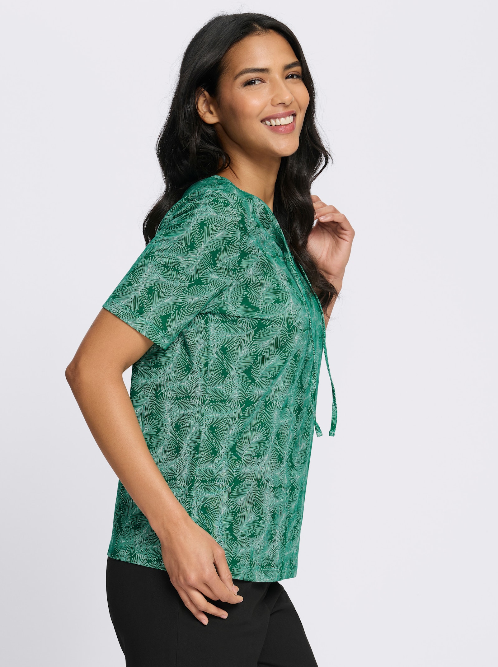 Kurzarmshirt mit Bindeband - grün-ecru-bedruckt