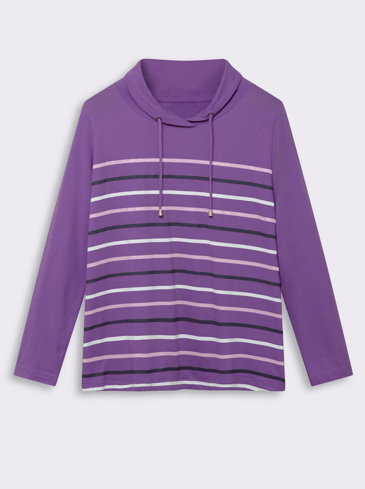 Stehkragenshirt mit Tunnelzug - lila-geringelt