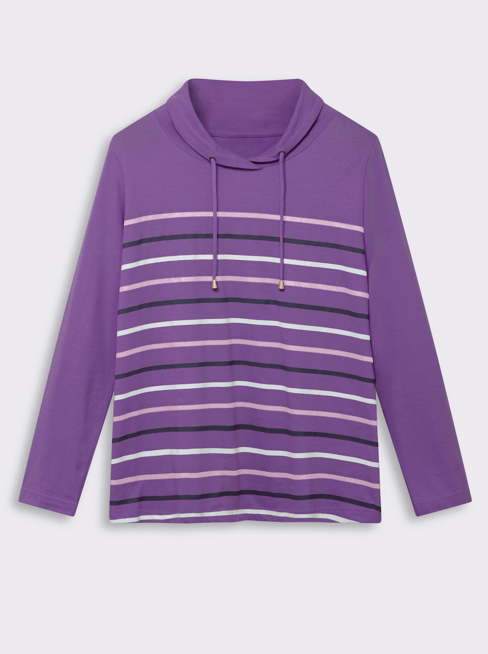 Stehkragenshirt mit Tunnelzug - lila-geringelt