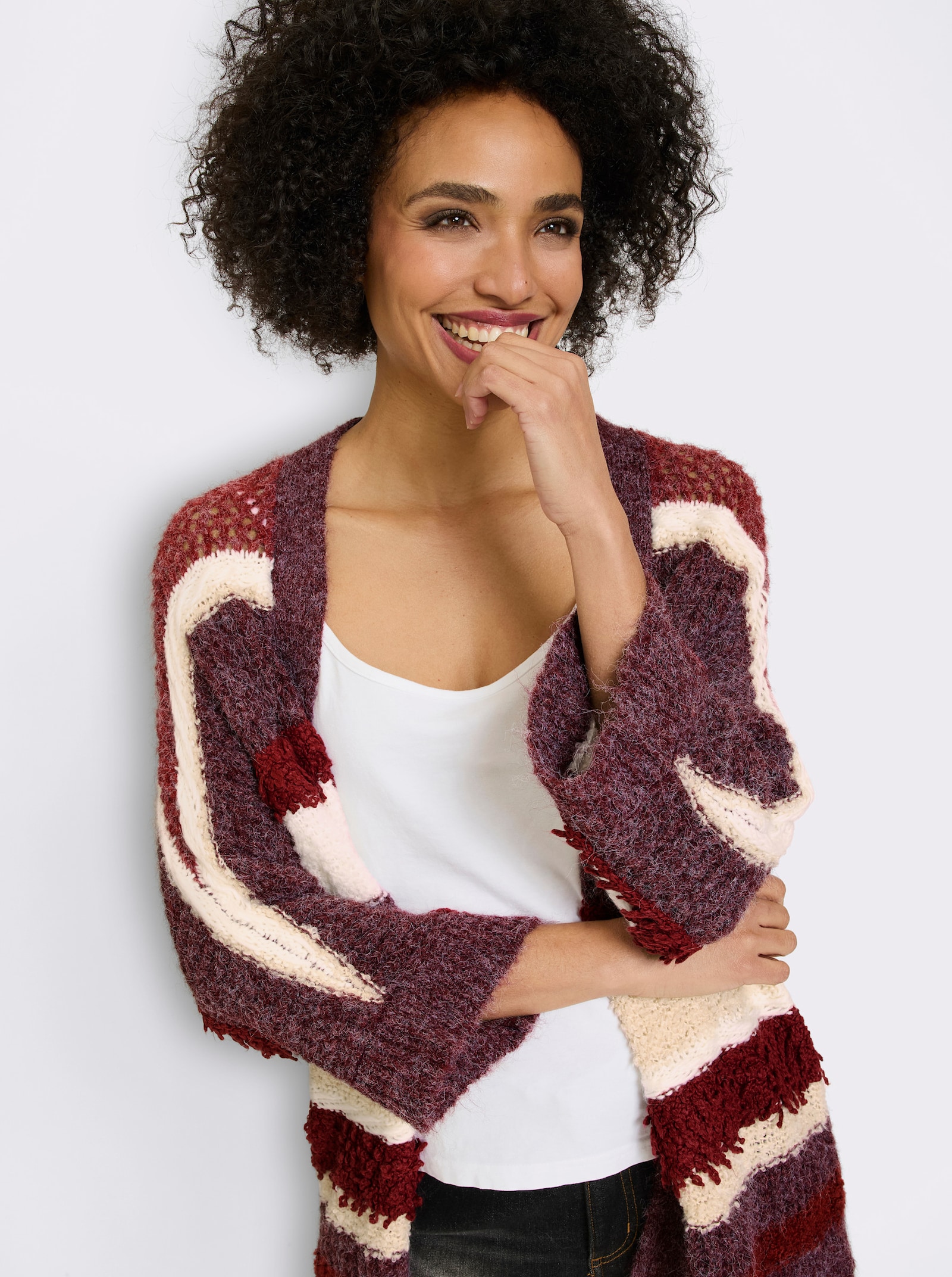 heine Cardigan van ajourtricot - bordeaux/ecru gestreept