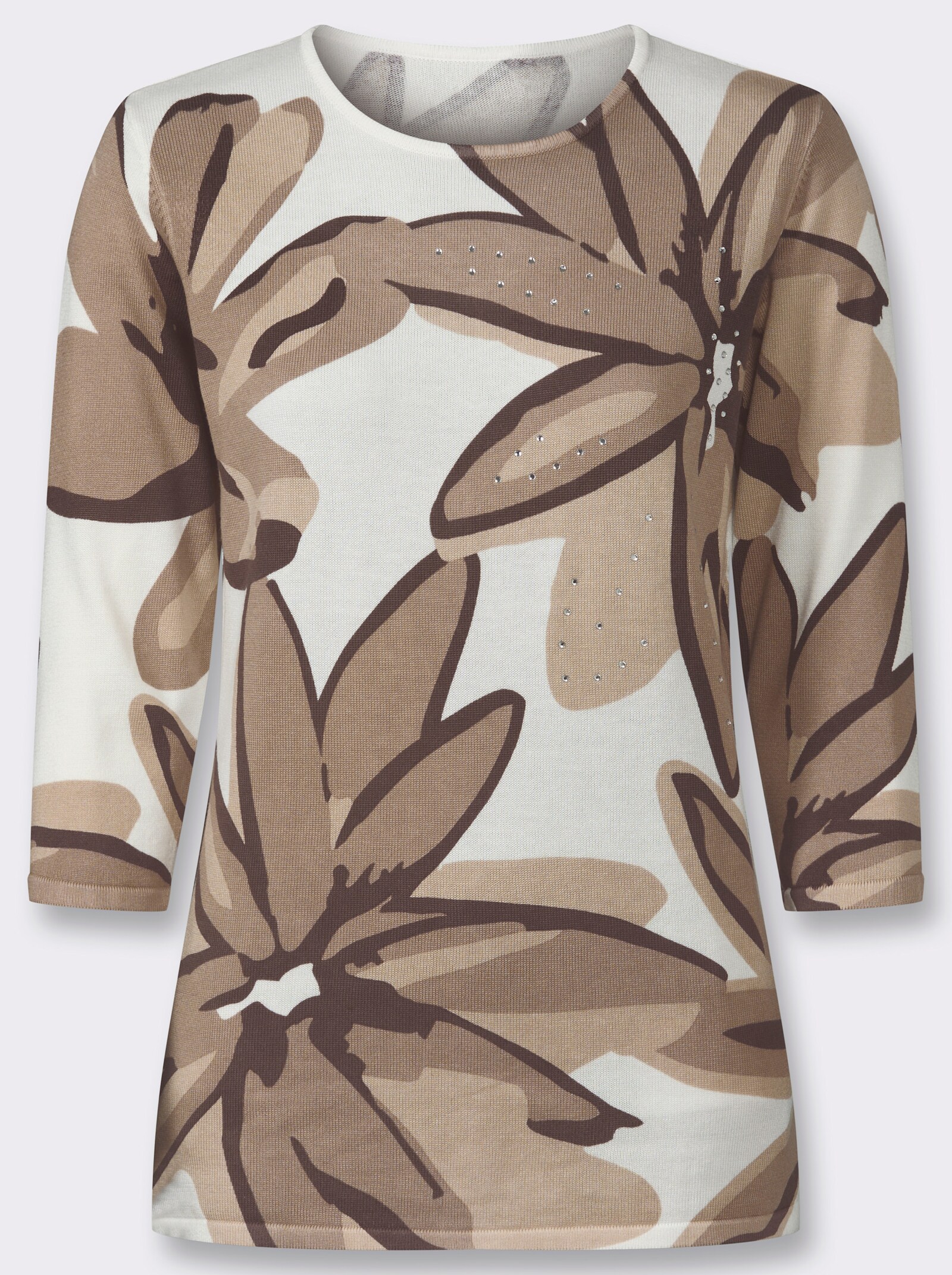 3/4-Arm-Pullover mit Glitzersteinchen - weiß-sesam-bedruckt