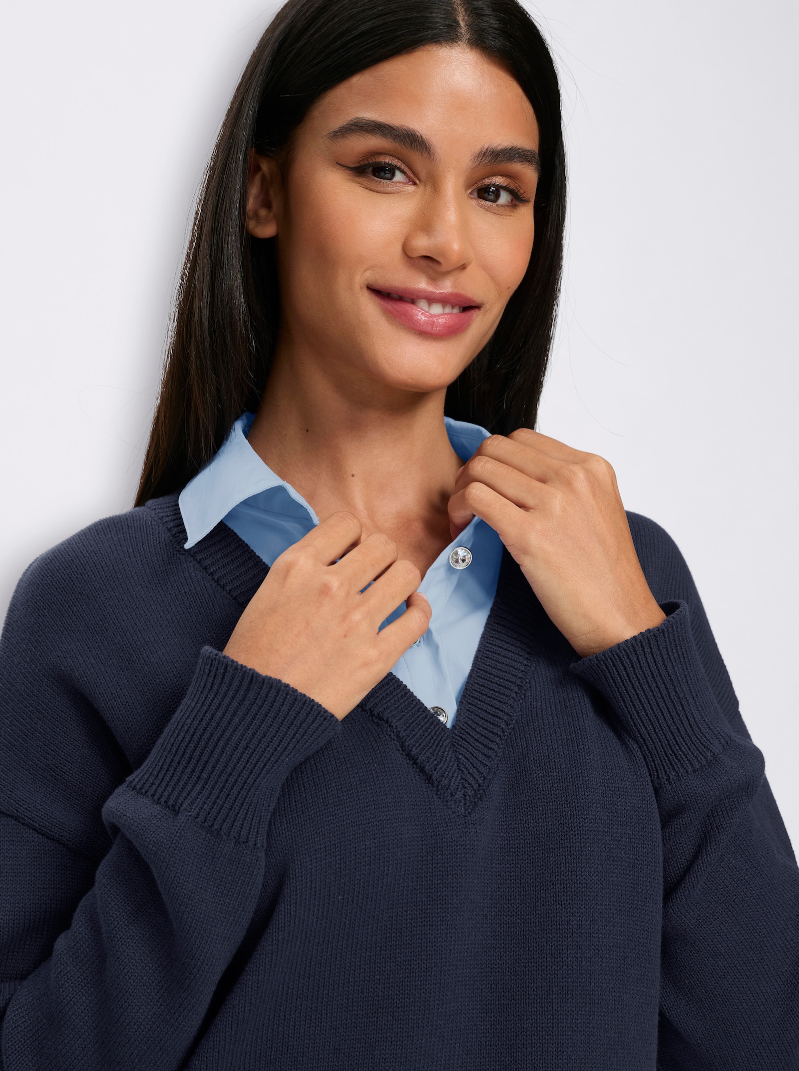 heine Katoenen pullover in 2-in-1-look - marine/ijsblauw