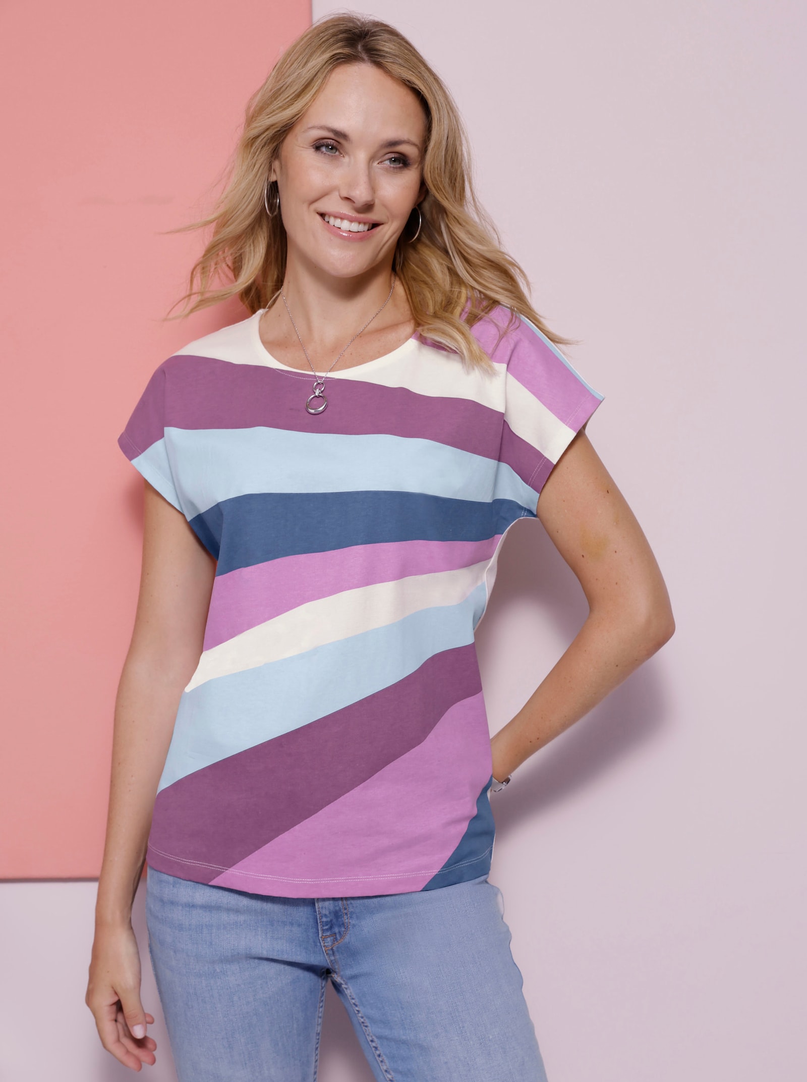 Topp m. rund hals, randigt tryck - ecru-orkidé, med tryck