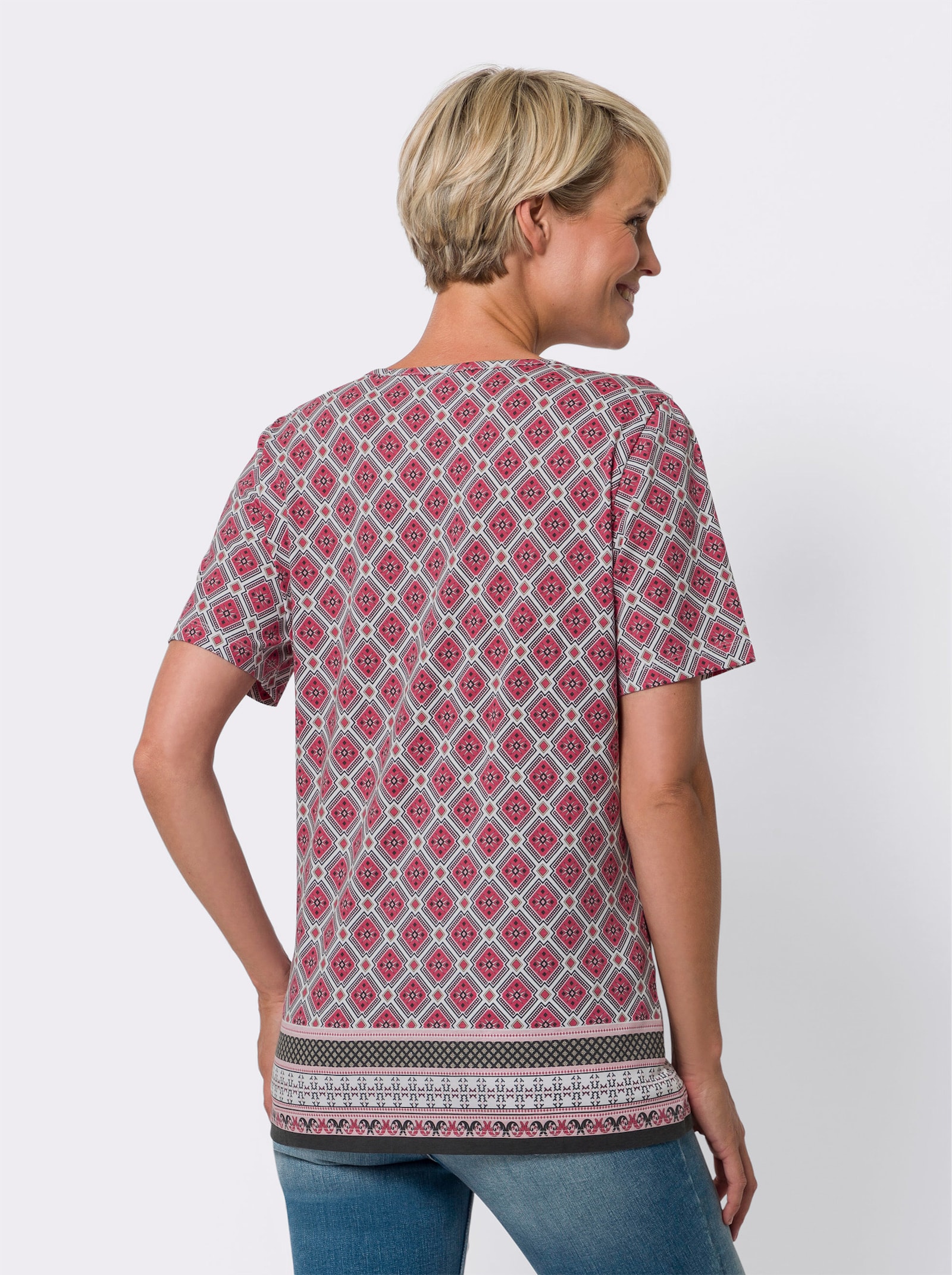  Kurzarmshirt mit Bordüren-Druck, Baumwolle - fuchsia-weiß-bedruckt