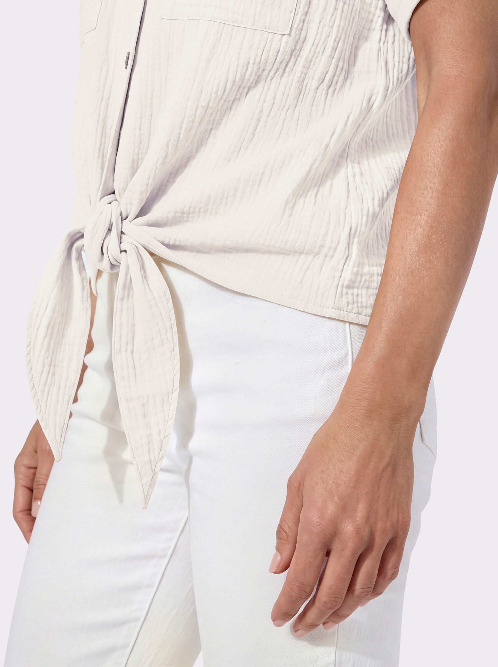 Baumwollbluse mit zipfligem Saum zum Knoten - ecru