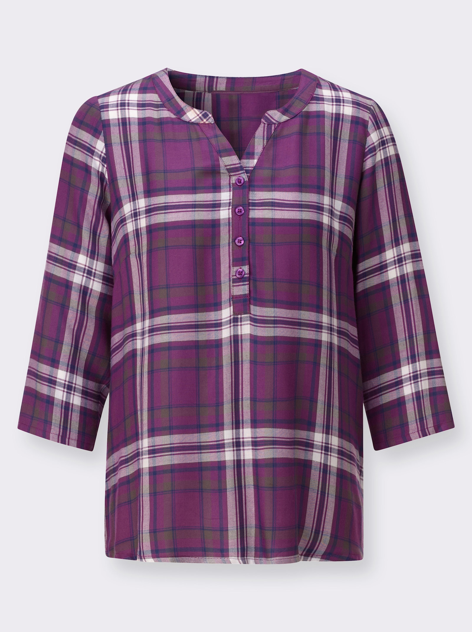 Karobluse im garngefärbten Dessin - violett-jeansblau-kariert