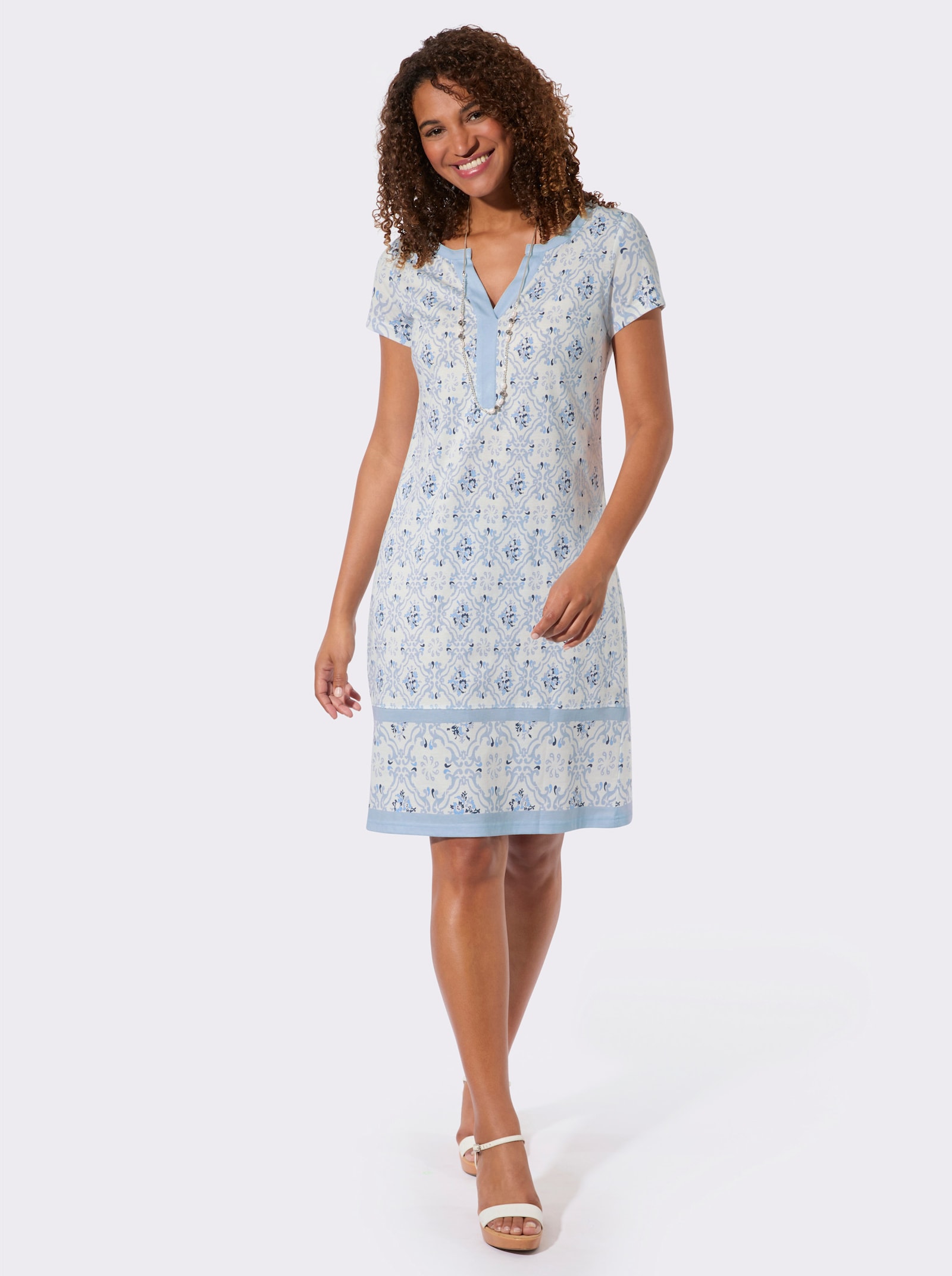 Jerseykleid in dezenter A-Form - ecru-dunkelblau-bedruckt