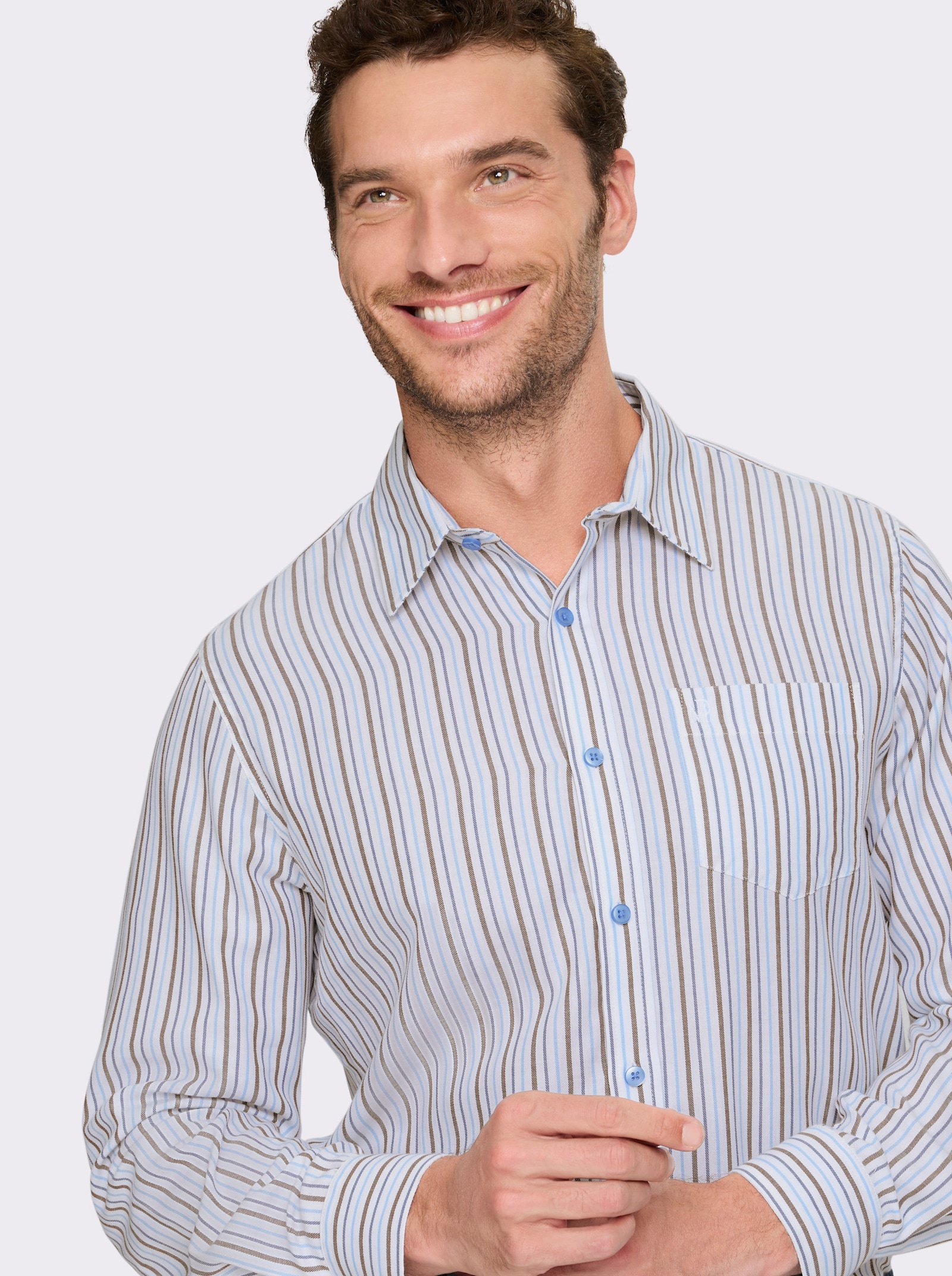 Marco Donati Langarmhemd in bügelfreier Popeline-Qualität - braun-gestreift