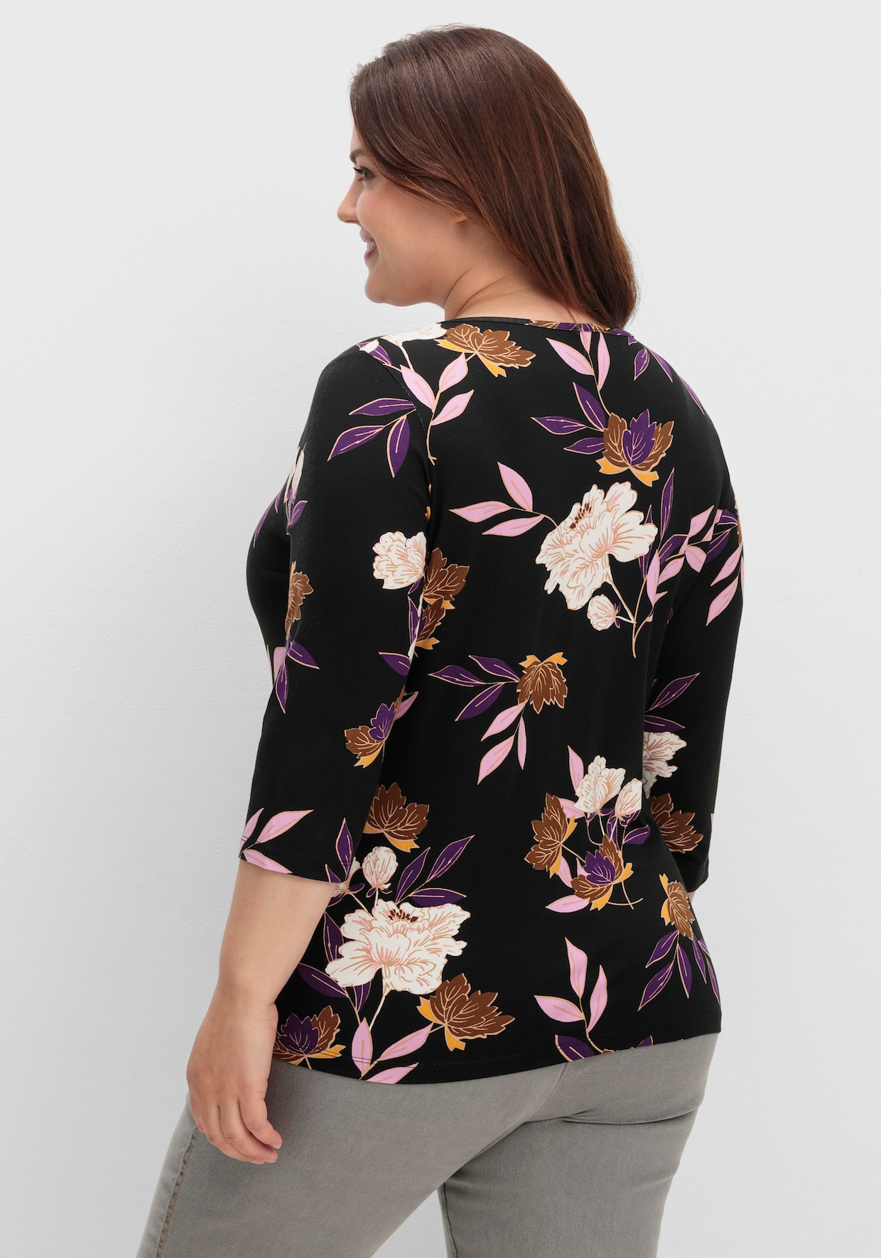 Print-Shirt mit floralem Muster - lila-ocker-bedruckt