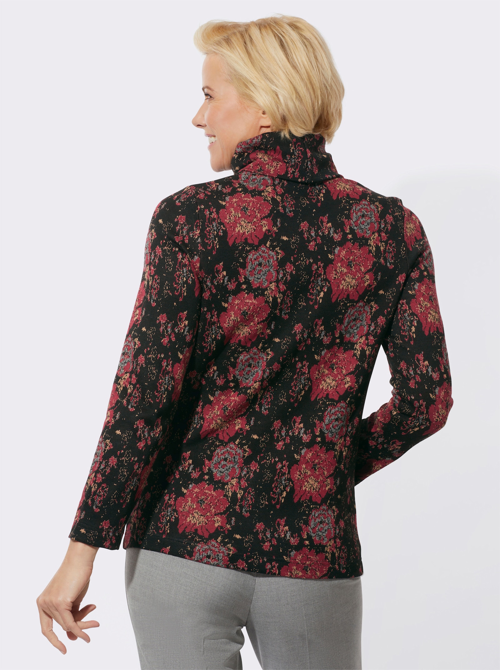 Rollkragenpullover im floralen Jacquard-Dessin - schwarz-dunkelrot-gemustert