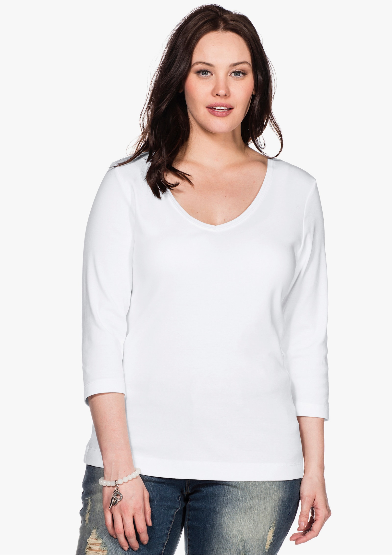 sheego 3/4-Arm-Shirt mit V-Ausschnitt, in Rippqualität - weiß