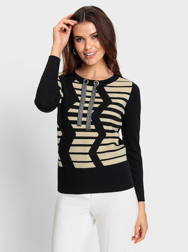 Pullover mit weitenregulierbaren Ausschnitt - sand-schwarz-gemustert