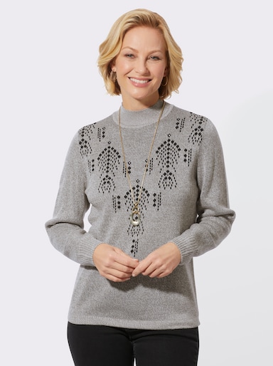 Stehkragenpullover mit Ziersteinchen - grau-meliert