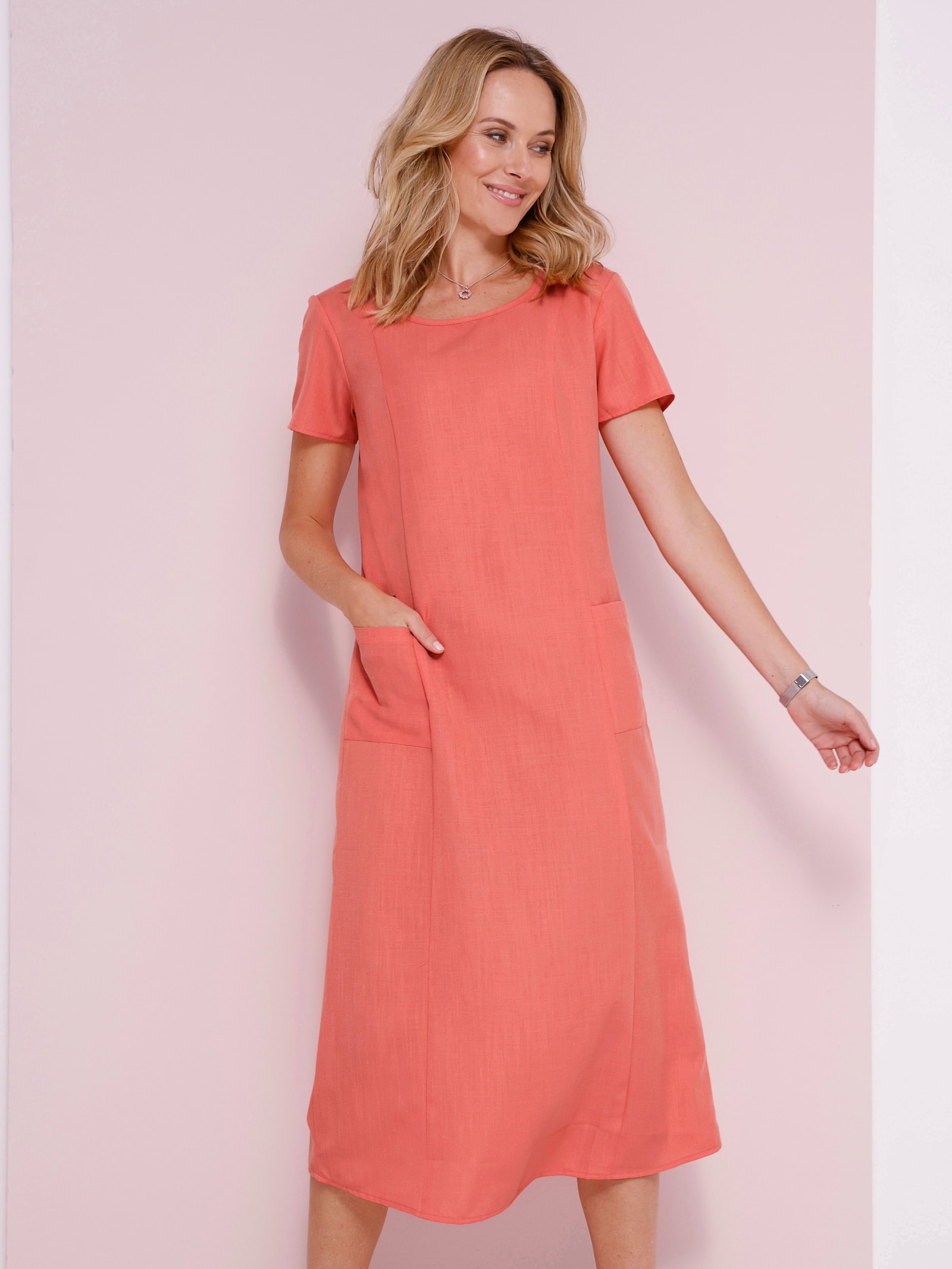 A-Linien-Kleid in Leinen-Optik - koralle