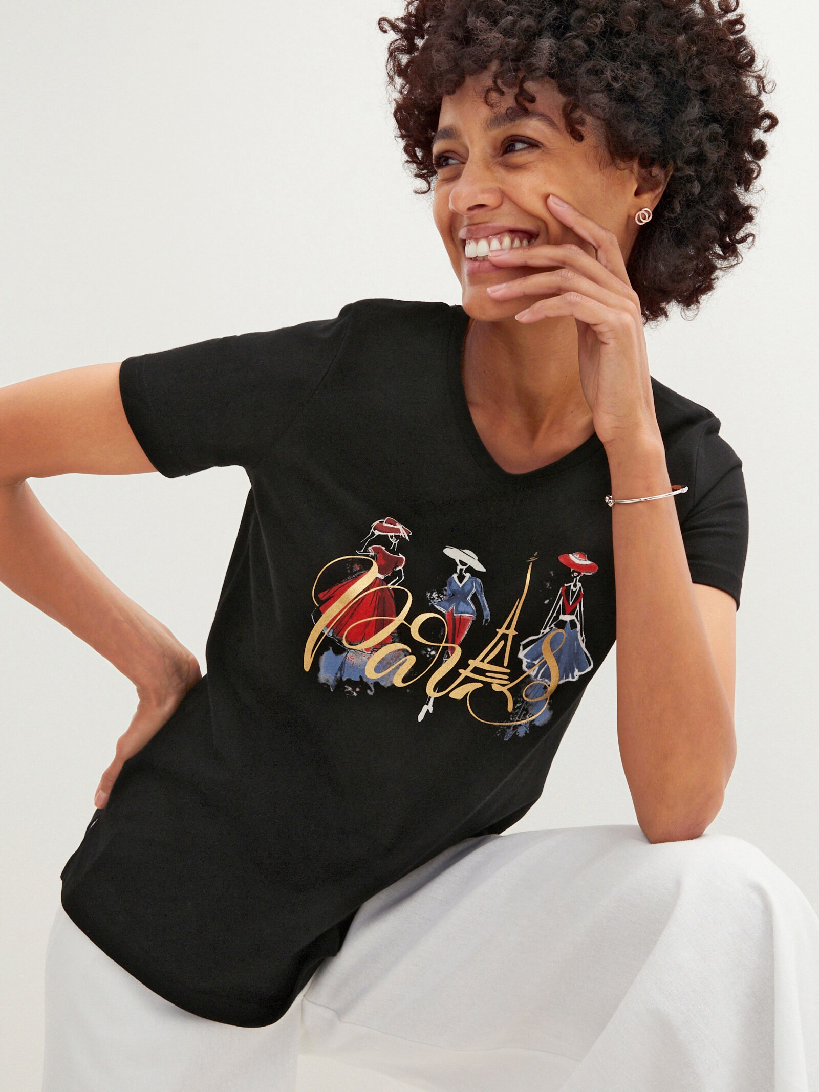 Kurzarmshirt mit Paris-Motiv - schwarz-bedruckt