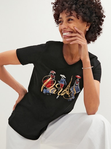 Kurzarmshirt mit Paris-Motiv - schwarz-bedruckt