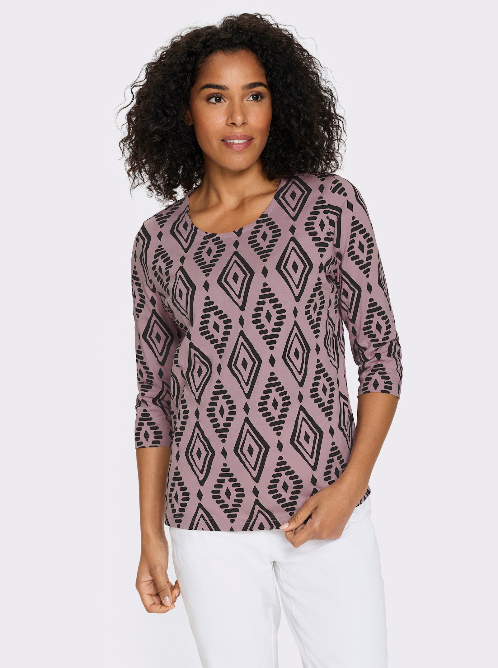 3/4-Arm-Shirt aus reiner Baumwolle, bedruckt - mauve-schwarz-bedruckt