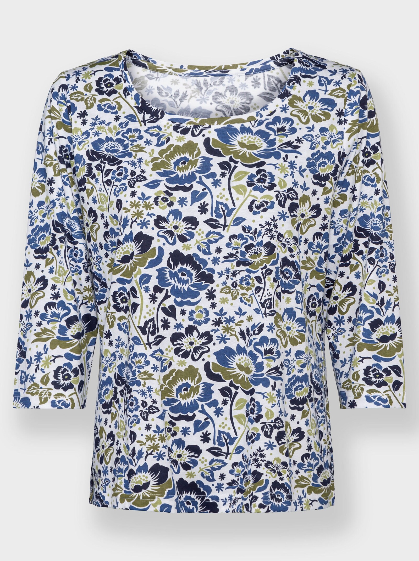 Rundhalsshirt mit Blumen-Druck - ecru-jeansblau-bedruckt
