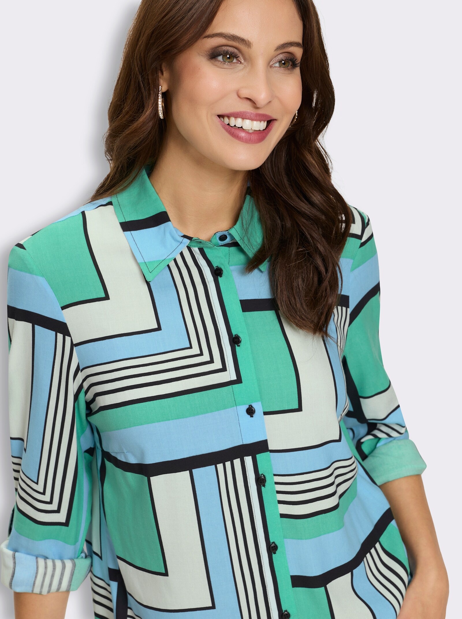 Druckbluse mit längenregulierbaren Ärmeln - aqua-ecru-bedruckt