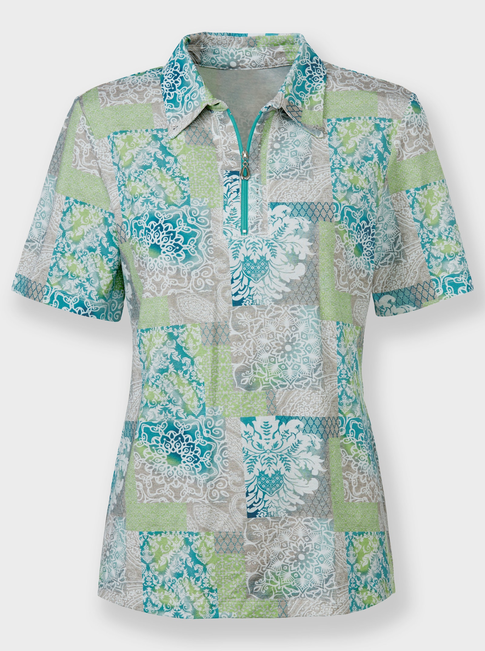 Poloshirt im Grafik-Dessin - kalkmint-hellgrau-bedruckt