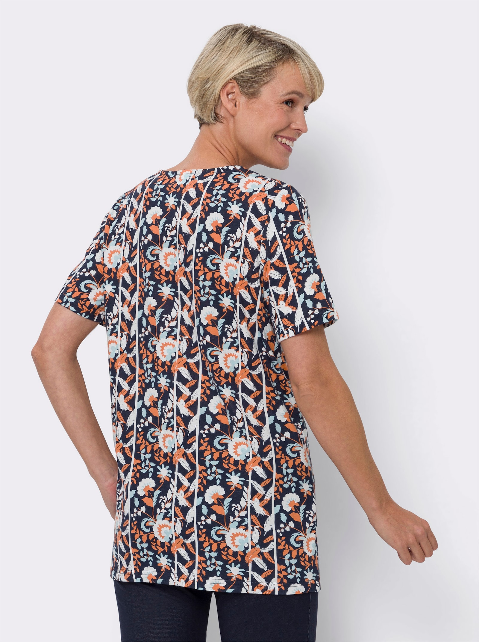 Longshirt mit kurzen Ärmeln - marine-orange-bedruckt