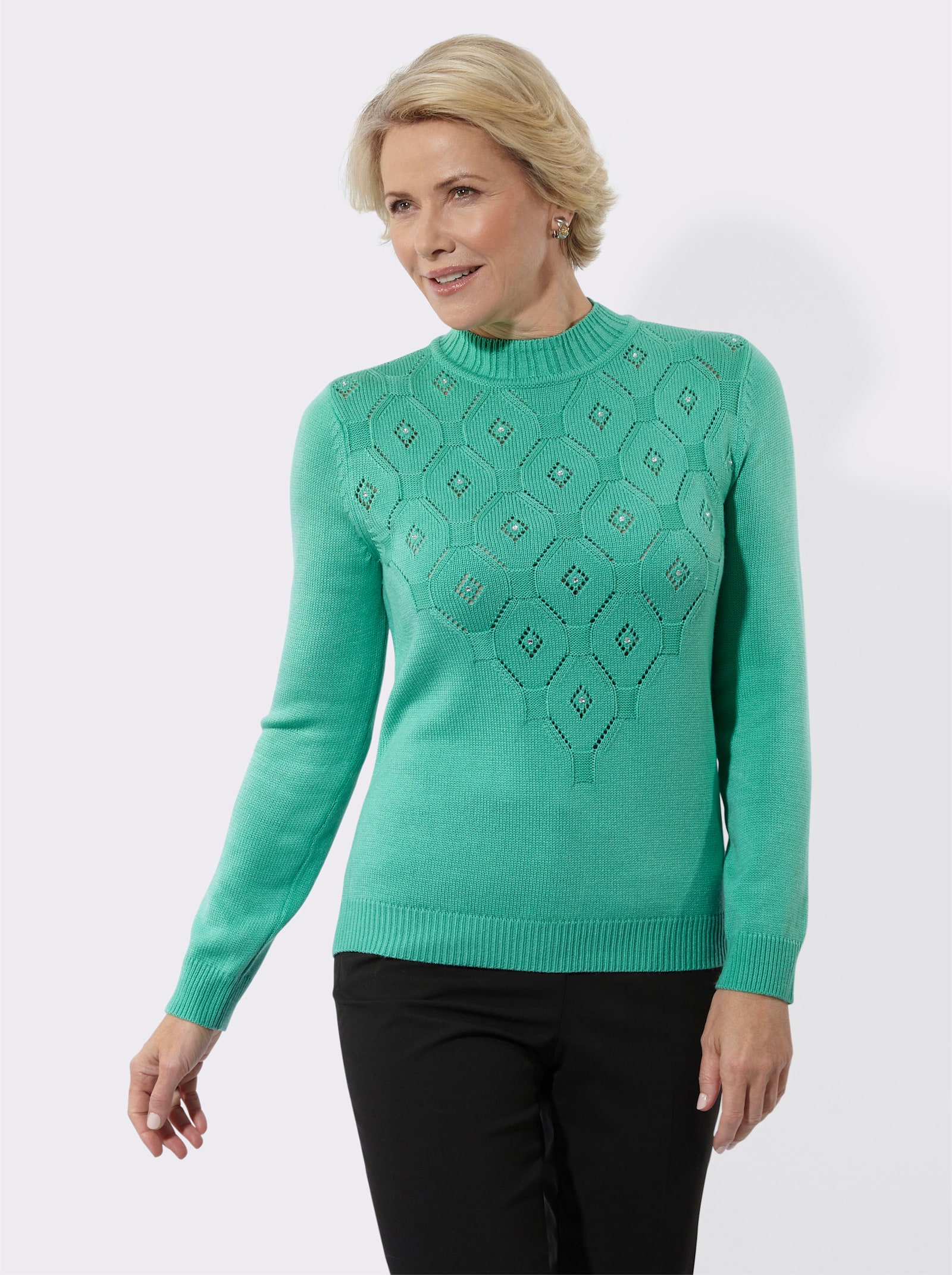 Stehkragenpullover mit Ajourmuster und Glitzersteinchen - blaugrün