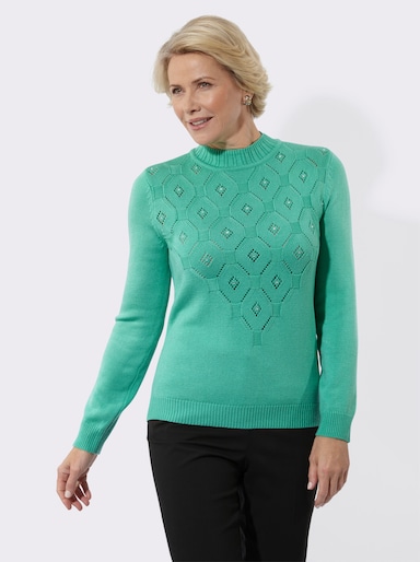 Stehkragenpullover mit Ajourmuster und Glitzersteinchen - blaugrün