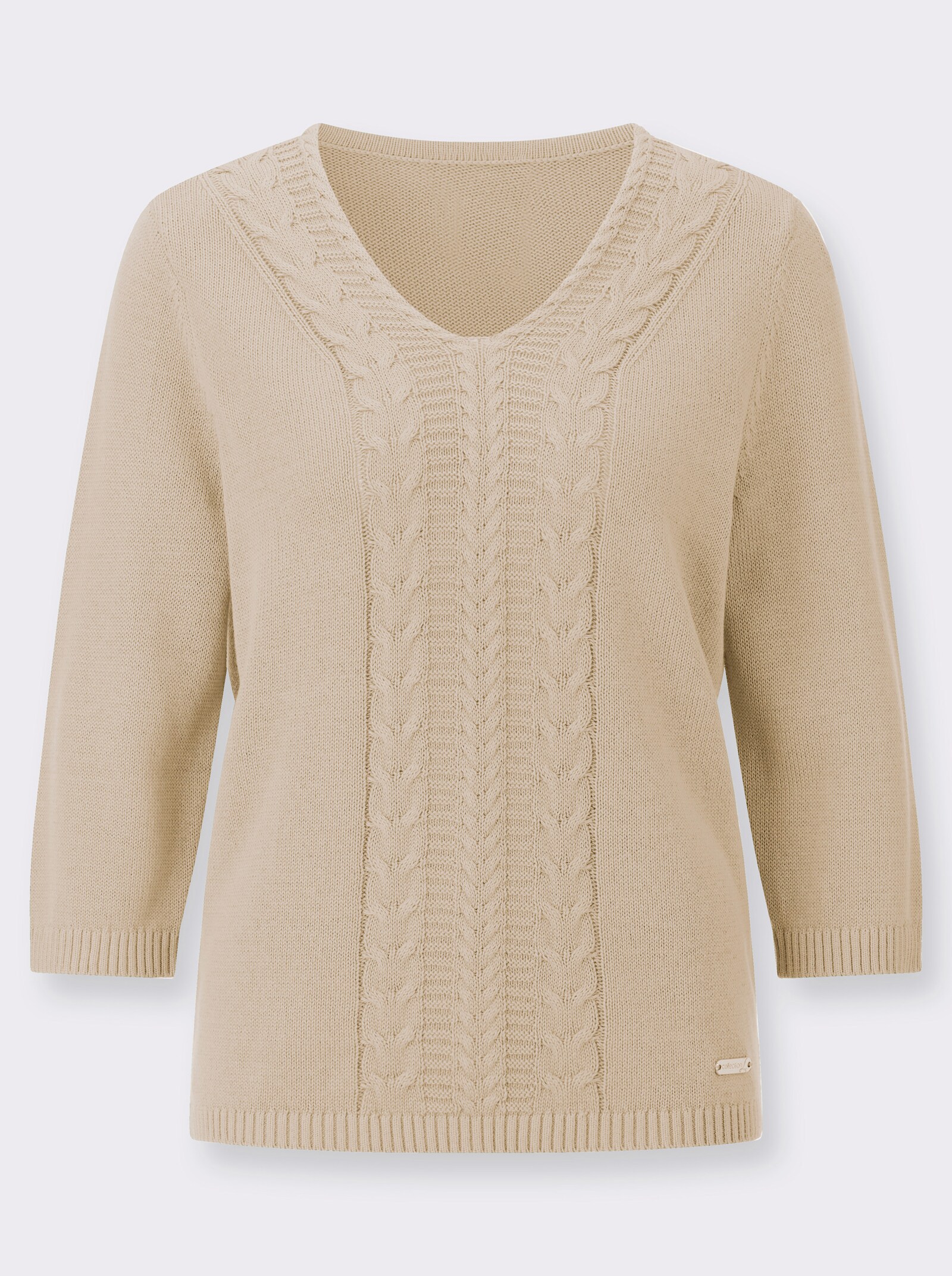 V-Ausschnitt-Pullover mit Rippbündchen - sand
