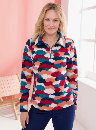 Fleeceshirt mit Wolken-Muster allover - marine-papaya-bedruckt