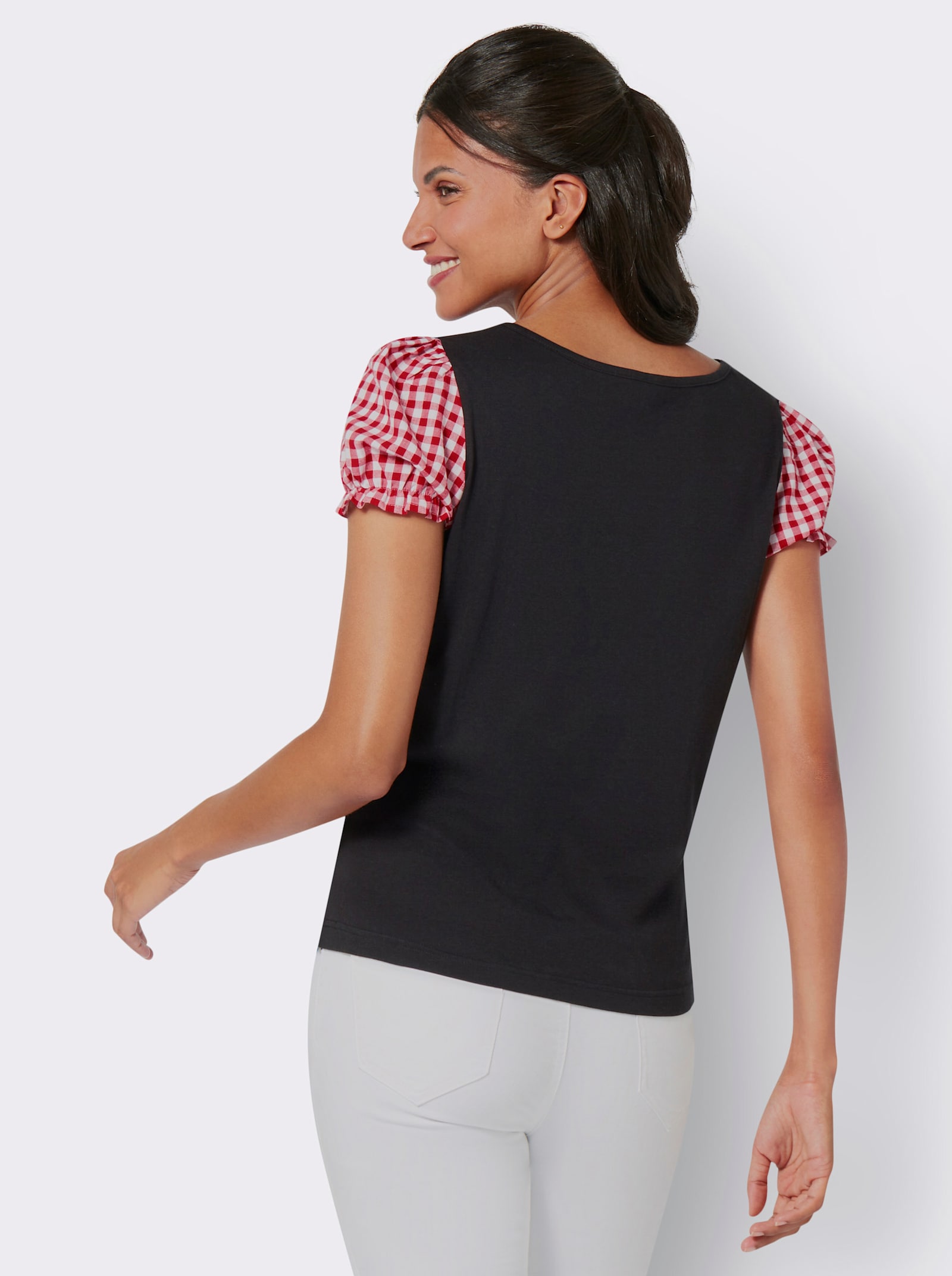 Trachtenshirt im 2-in-1-Look - schwarz-rot-bedruckt