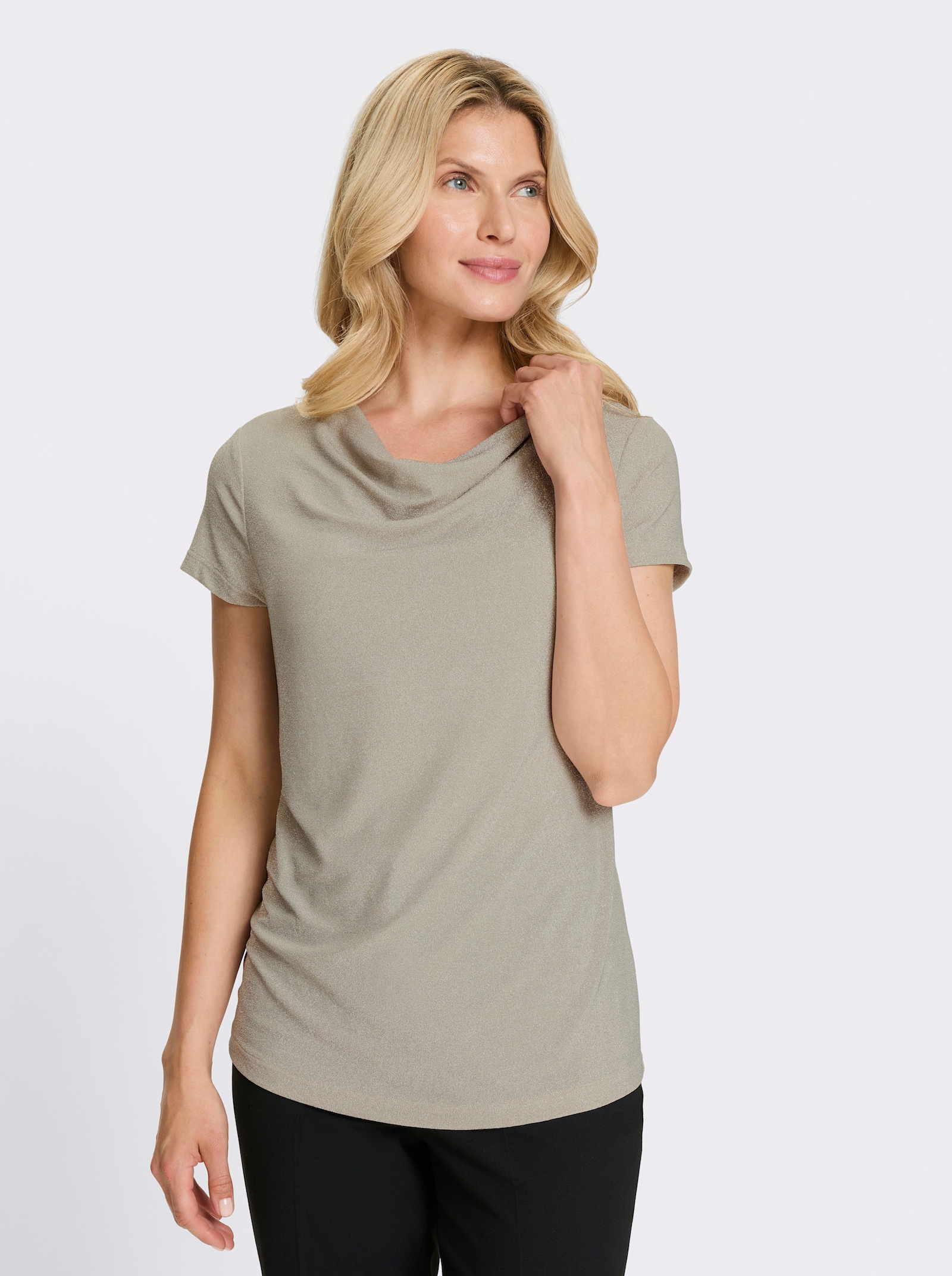 Shirt met cascadehals en glansgaren - zand/zilverkleur