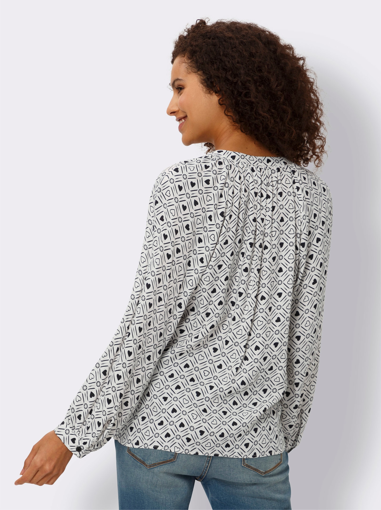 heine Druckbluse mit Herz-Dessin - schwarz-ecru-bedruckt