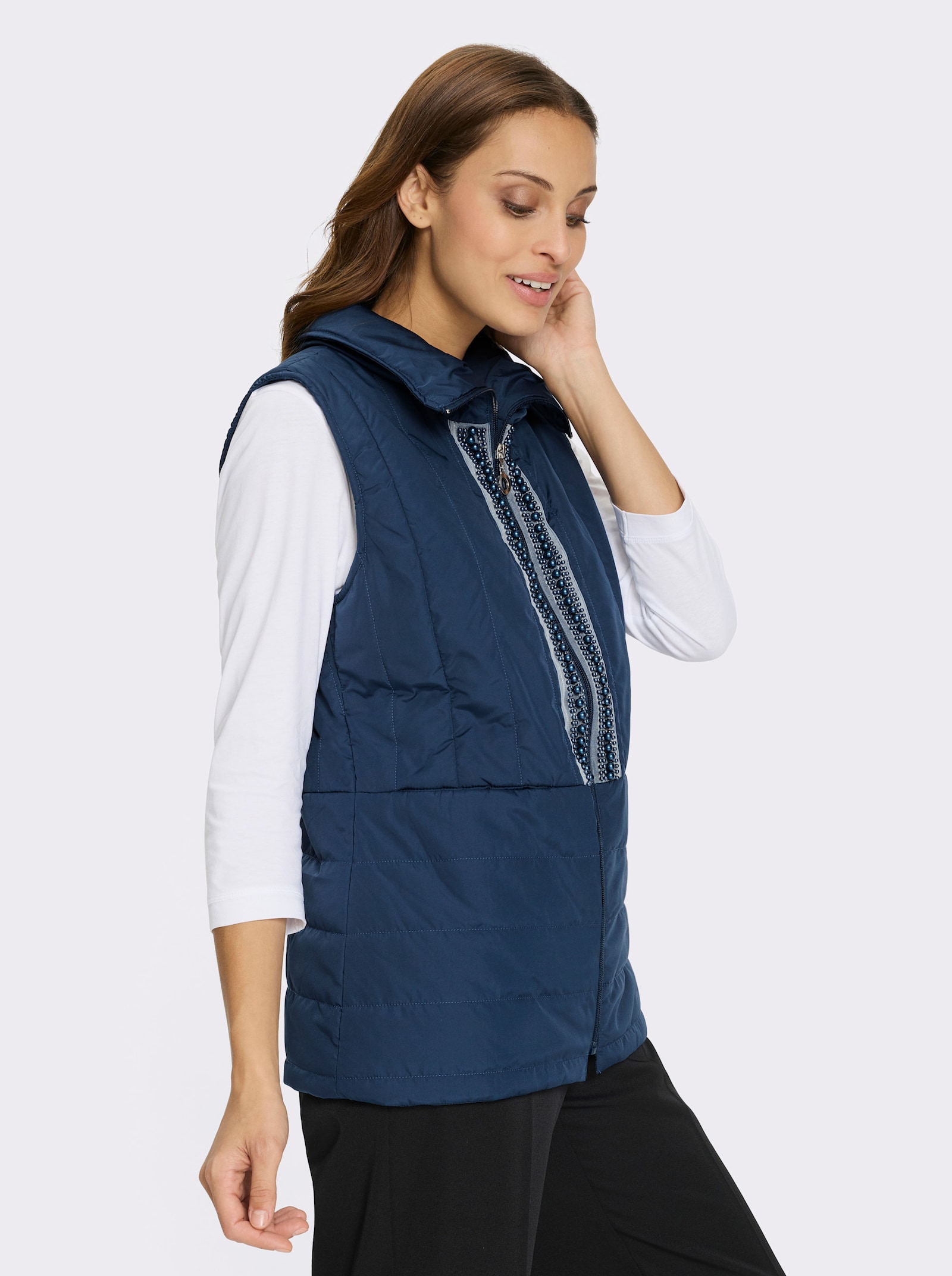 Steppweste mit Zierperlen am Reißverschluss - dunkelblau