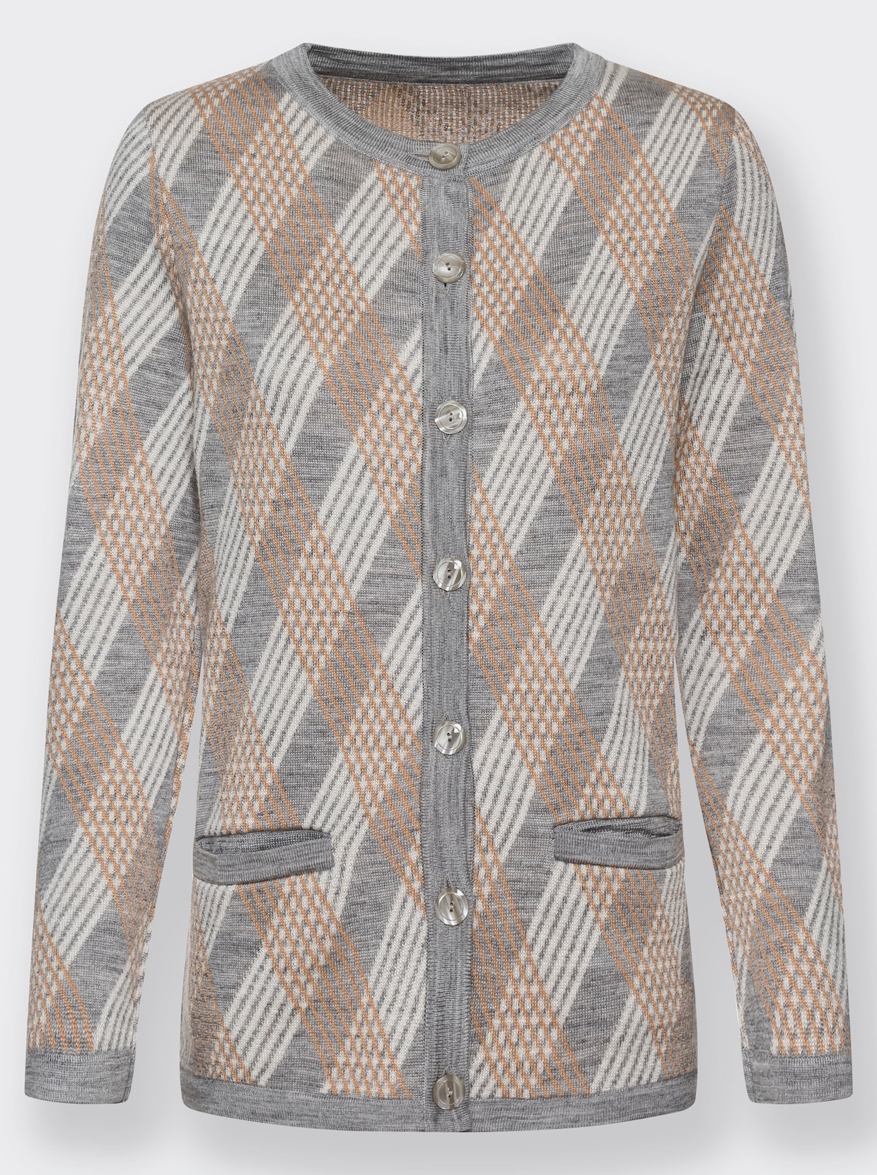Jacquardstrickjacke - steingrau-ecru-gemustert