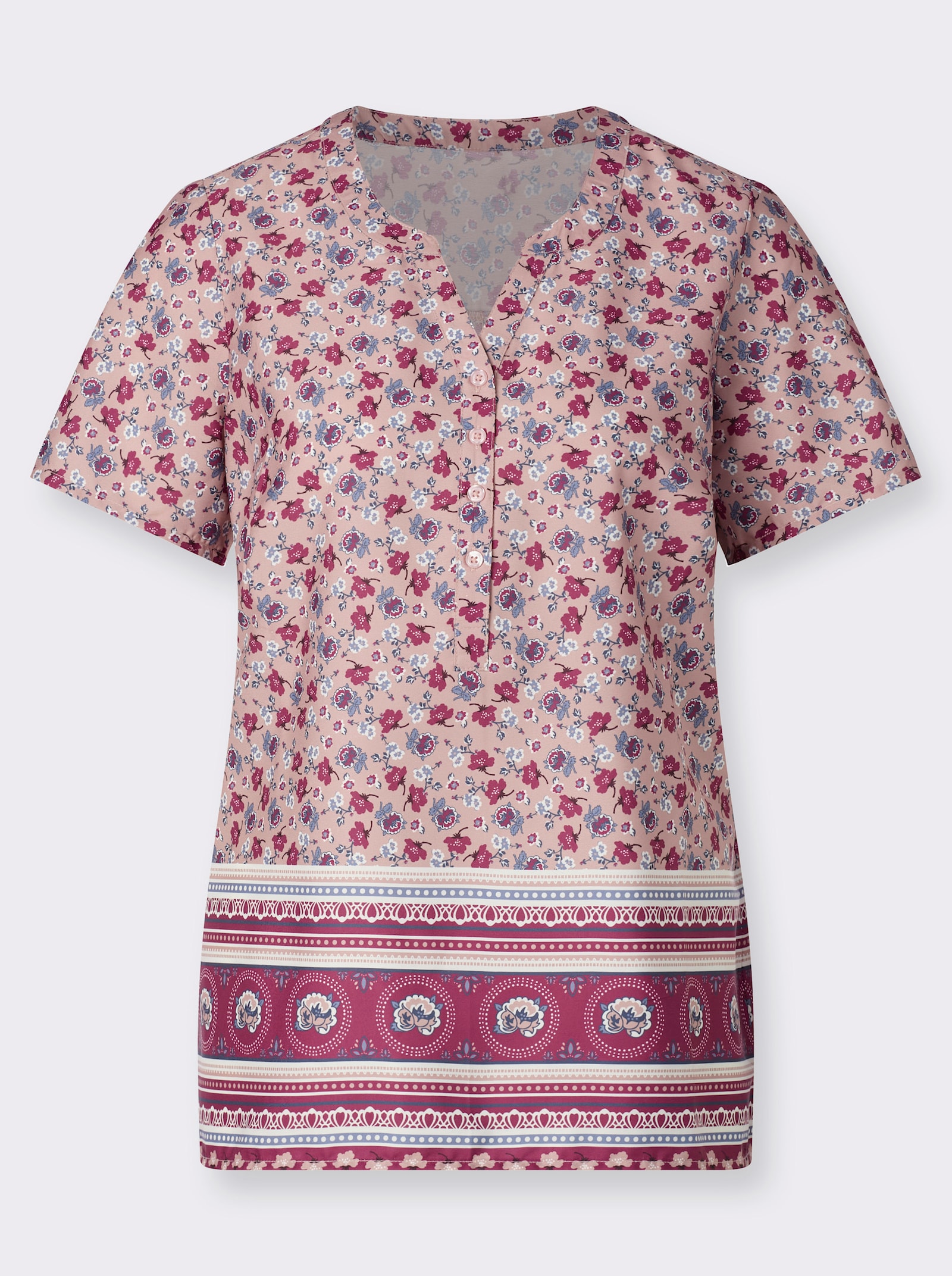 Schlupfbluse mit Bordüren-Print - hortensie-erika-bedruckt