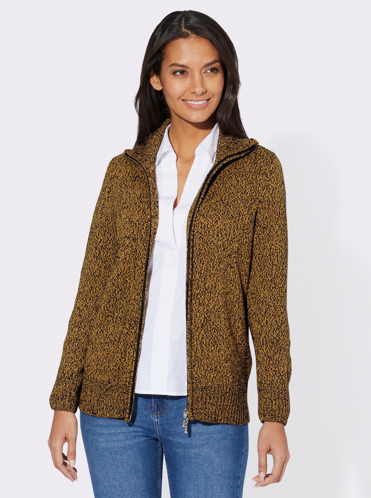 Strickjacke - ocker-schwarz-meliert