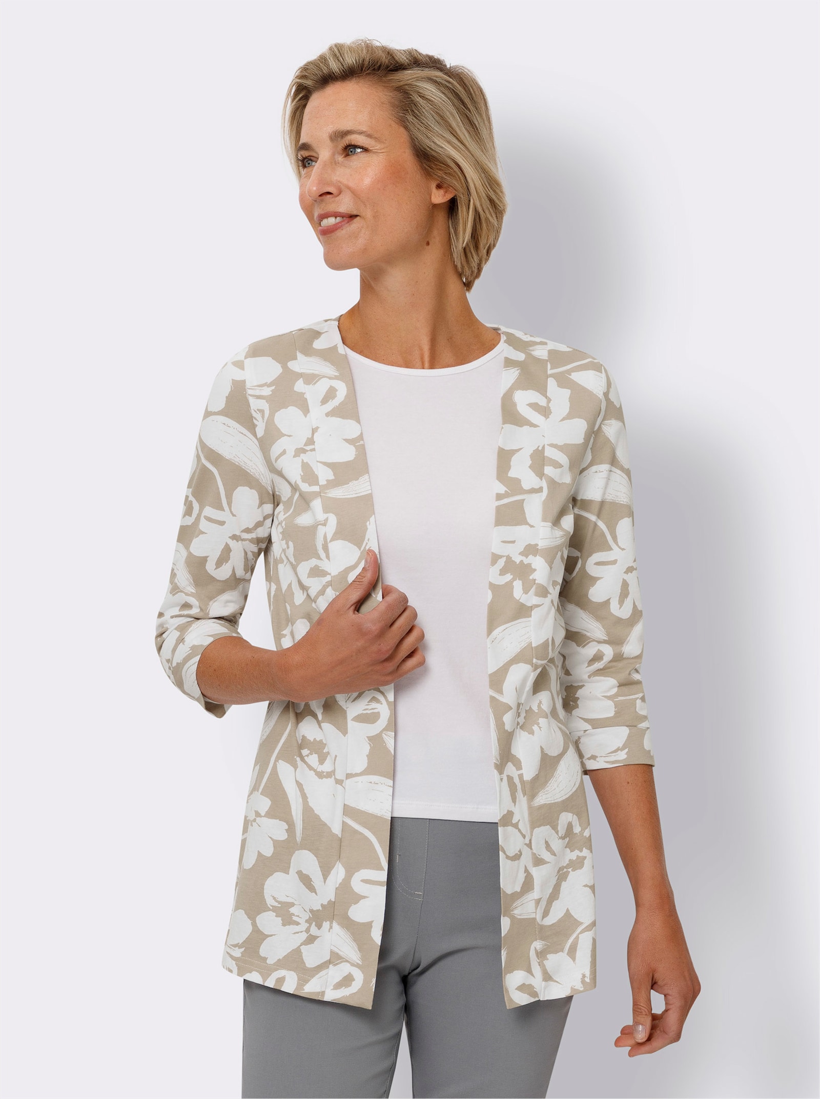 Shirtjacke mit 3/4-Ärmeln - beige-weiß-bedruckt