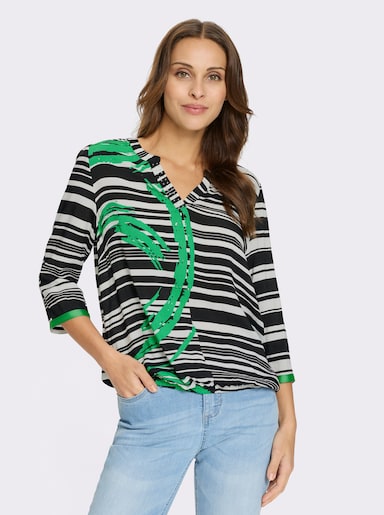 Schlupfbluse mit Gummizug am Saum - weiß-grasgrün-bedruckt