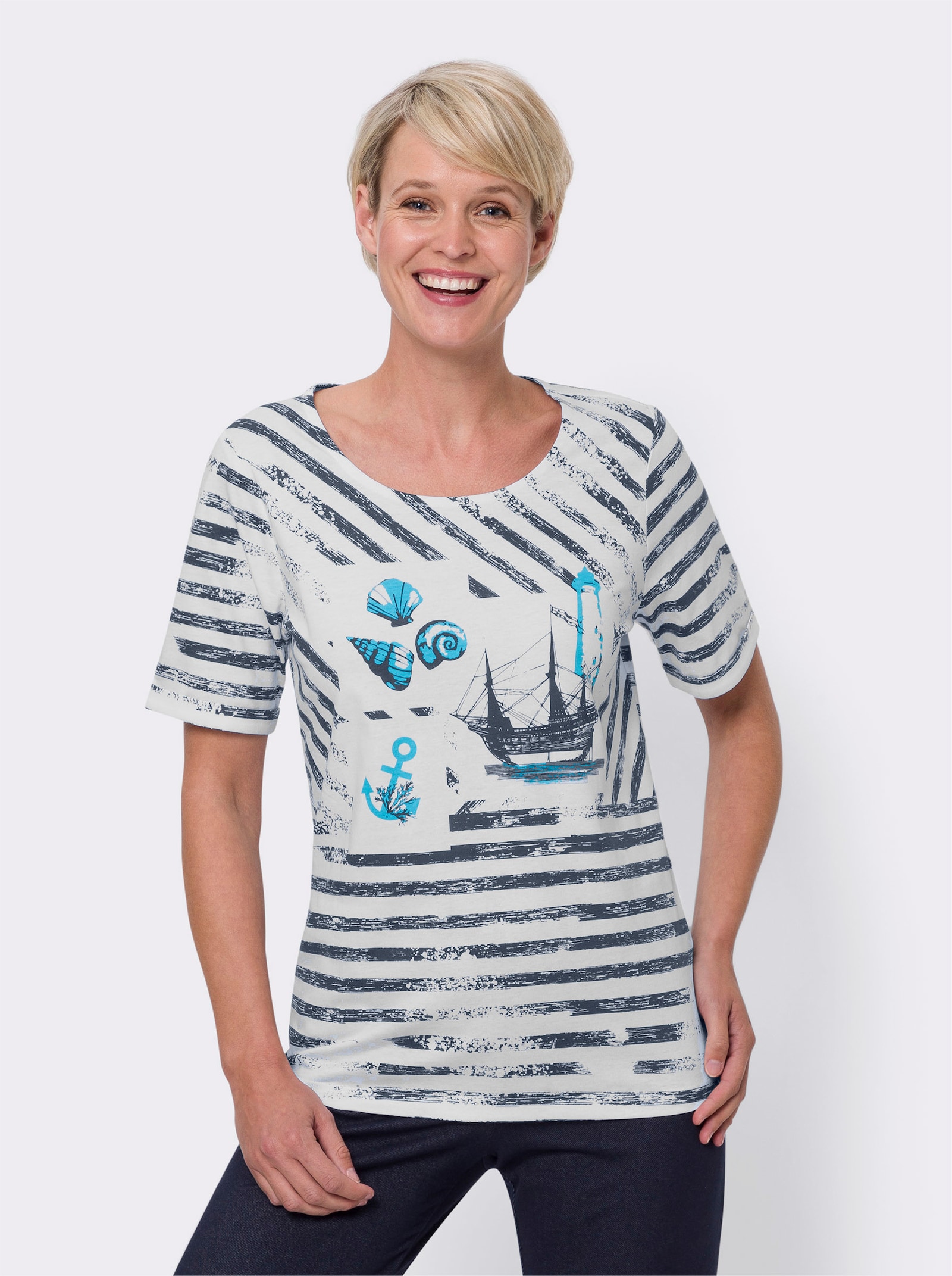 Shirt met korte mouwen en maritieme print - wit/donkerblauw bedrukt