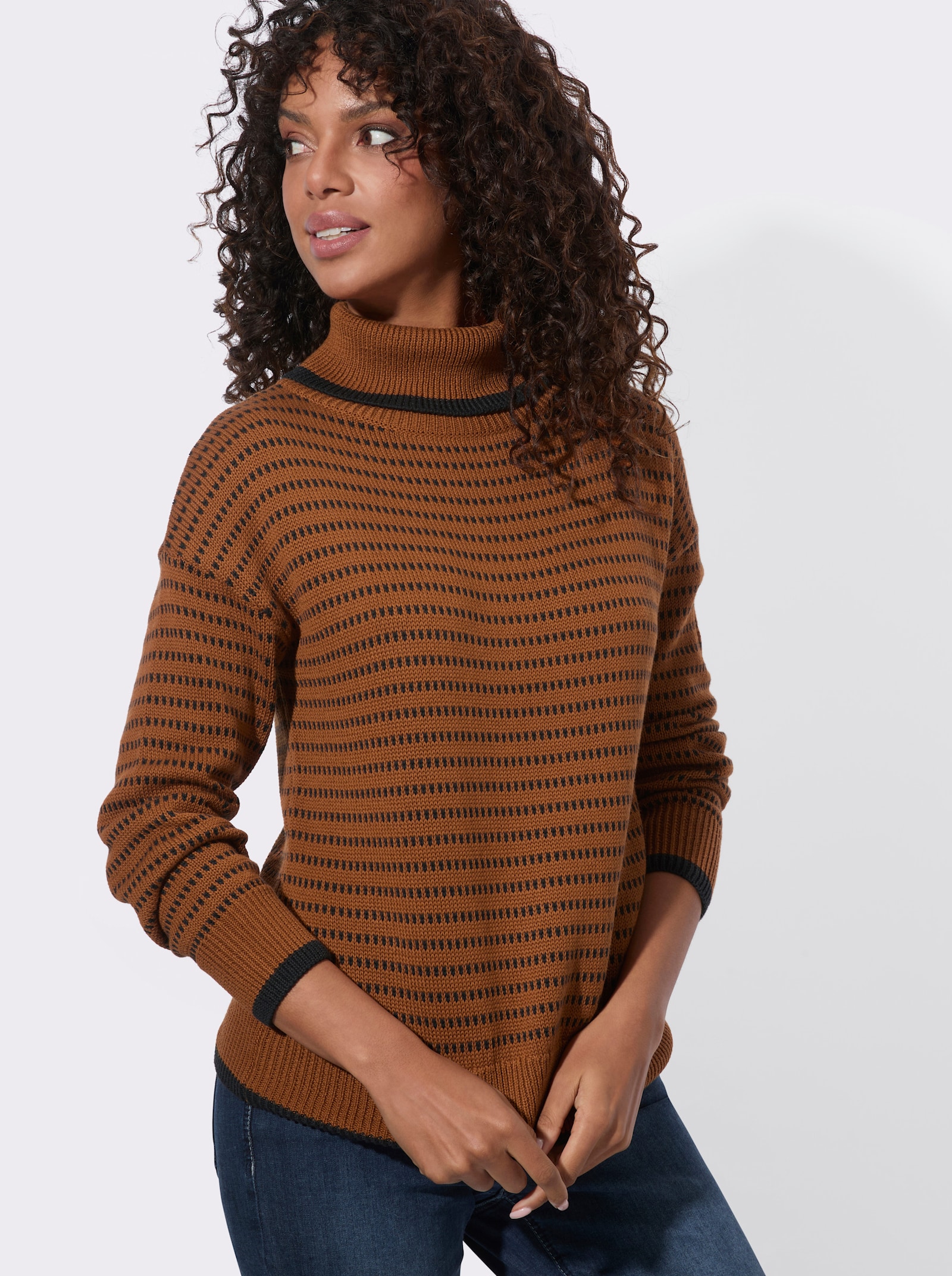  Rollkragenpullover mit Ringeln - cognac-schwarz-gemustert