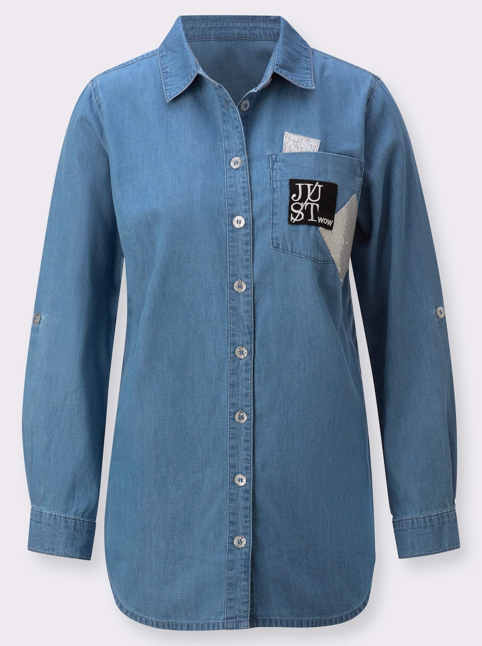 Longbluse mit Glitzerknöpfen - blue-bleached