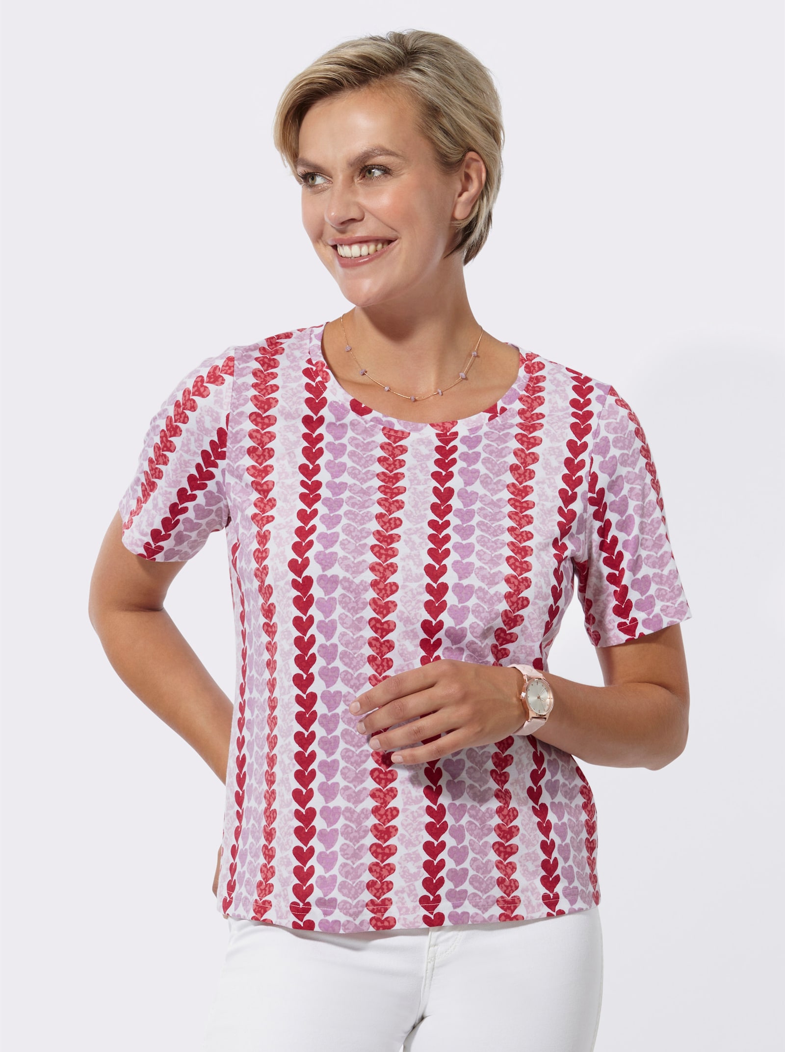 Print-Shirt mit Herz-Dessin - rot-rosé-bedruckt