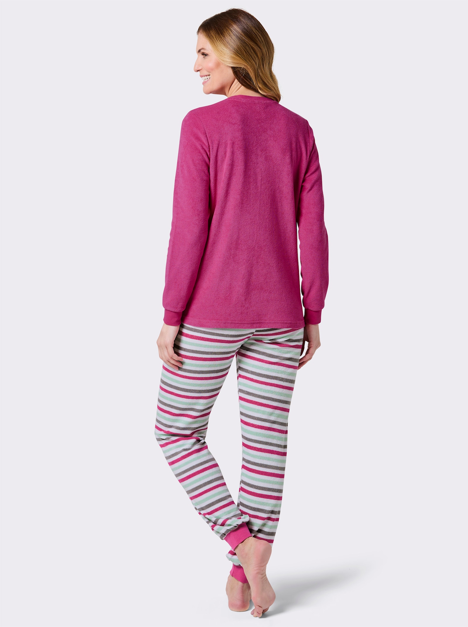 wäschepur Schlafanzug in Feinfrottee - fuchsia-weiß-geringelt