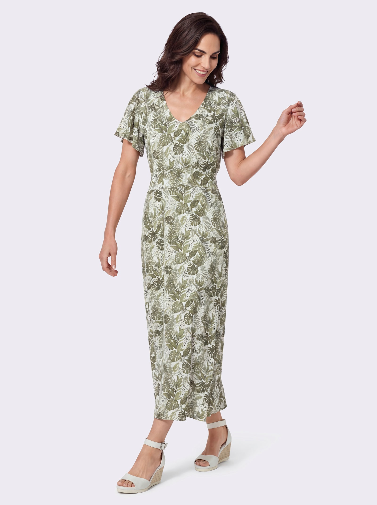 Jerseykleid mit Smokpartie hinten - ecru-oliv-bedruckt