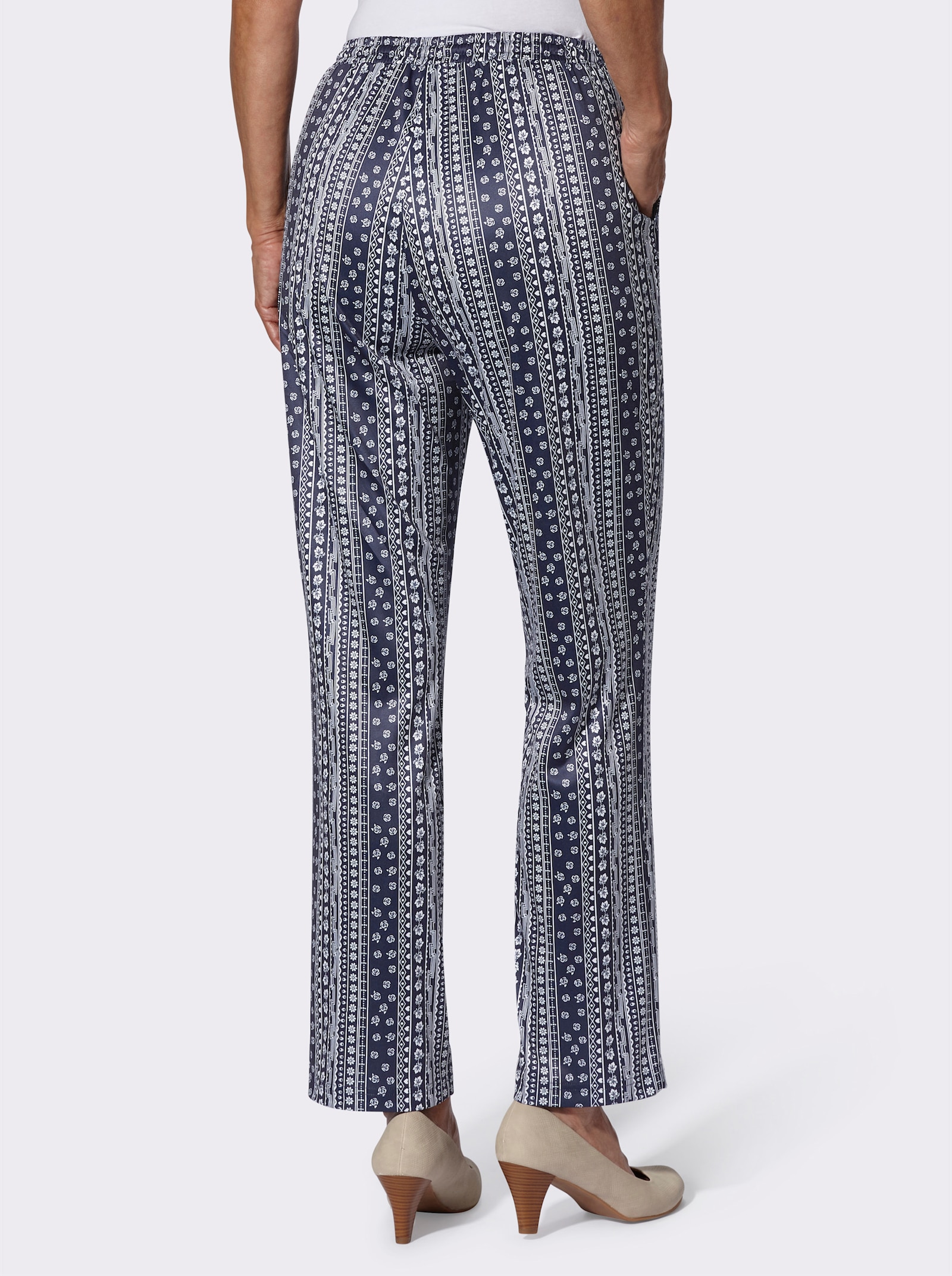 Jerseybroek met bloemdessin - marine/wit gestreept