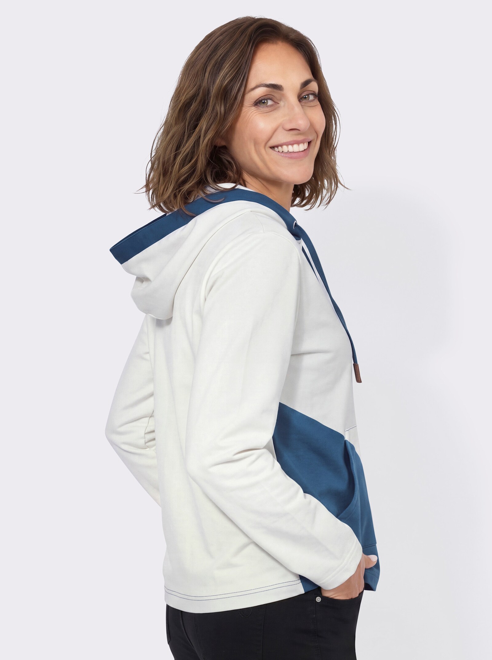 Sweatshirt mit Kapuze - ecru-jeansblau