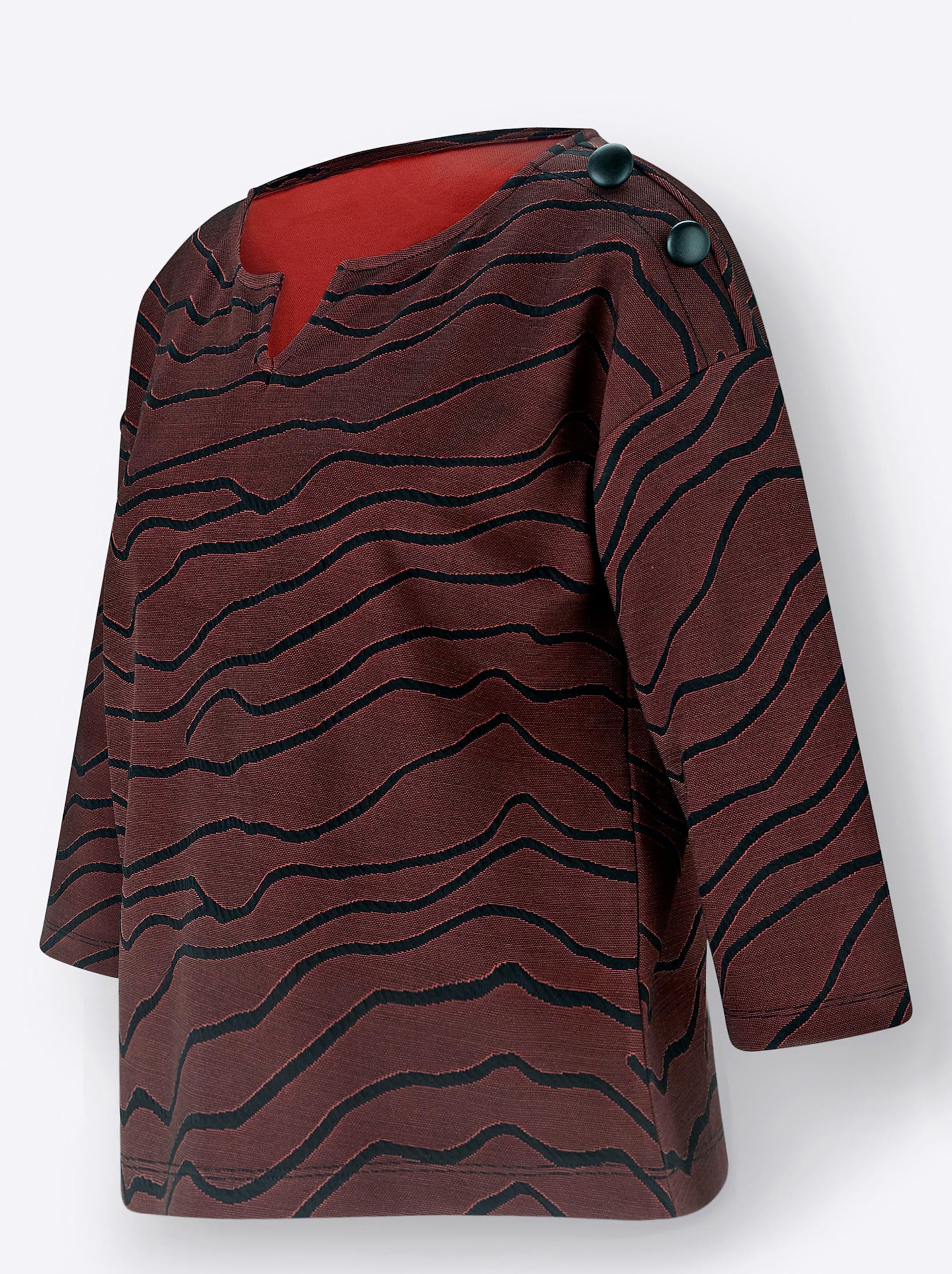 Damenmode Shirts 3/4-Arm-Shirt in rotbraun-schwarz-bedruckt 
