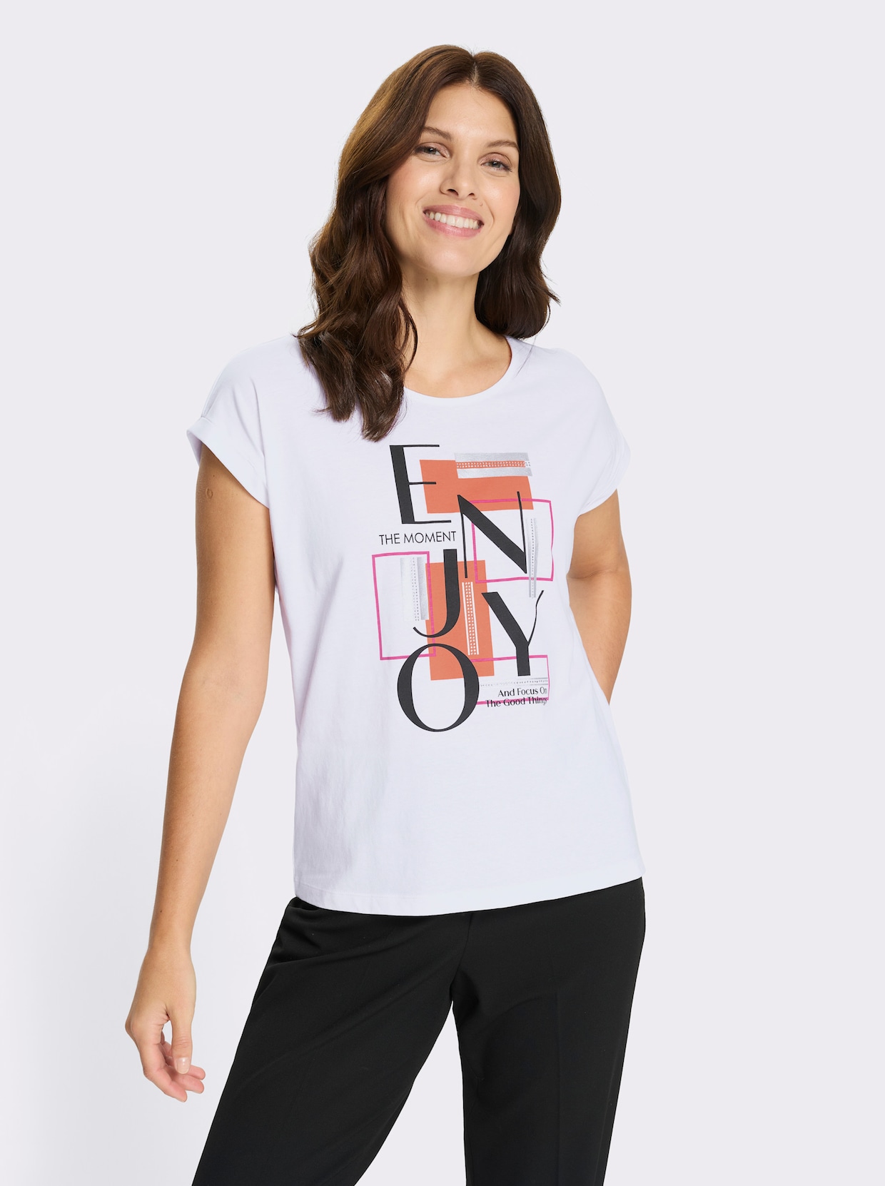 Kurzarmshirt mit Schriftzug - weiß-papaya